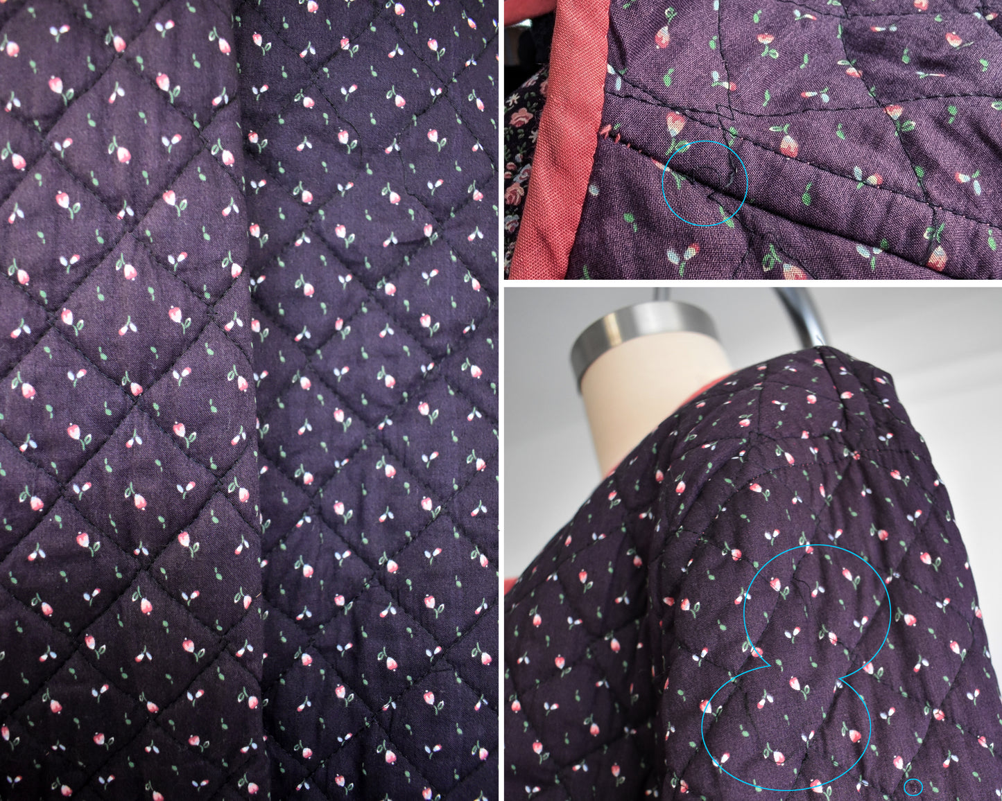photo collage of small flaws which include fading on the dark purple side, and some breaks in the quilting threads.