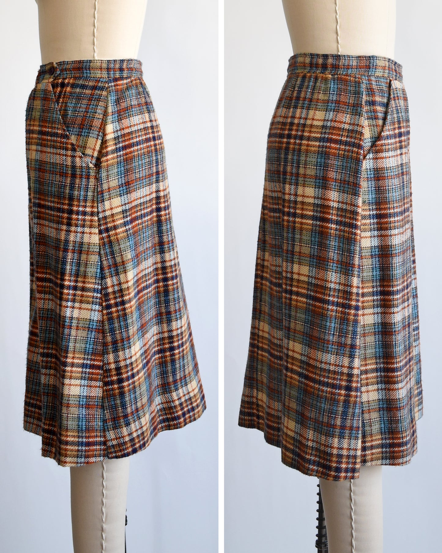 side by side side view of a vintage 1970s brown and blue plaid skirt on a dress form against a white background