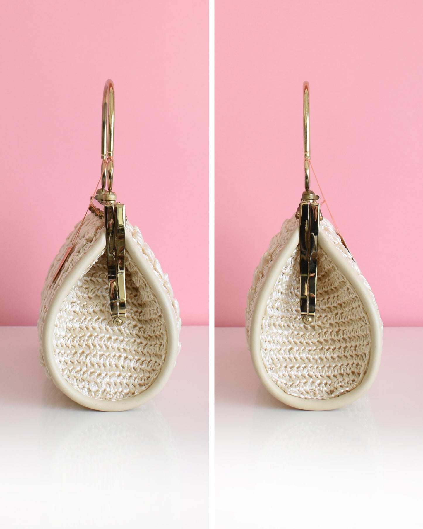 side by side views of the side of a vintage 1960s white woven handbag with gold frame and handle against a pink background