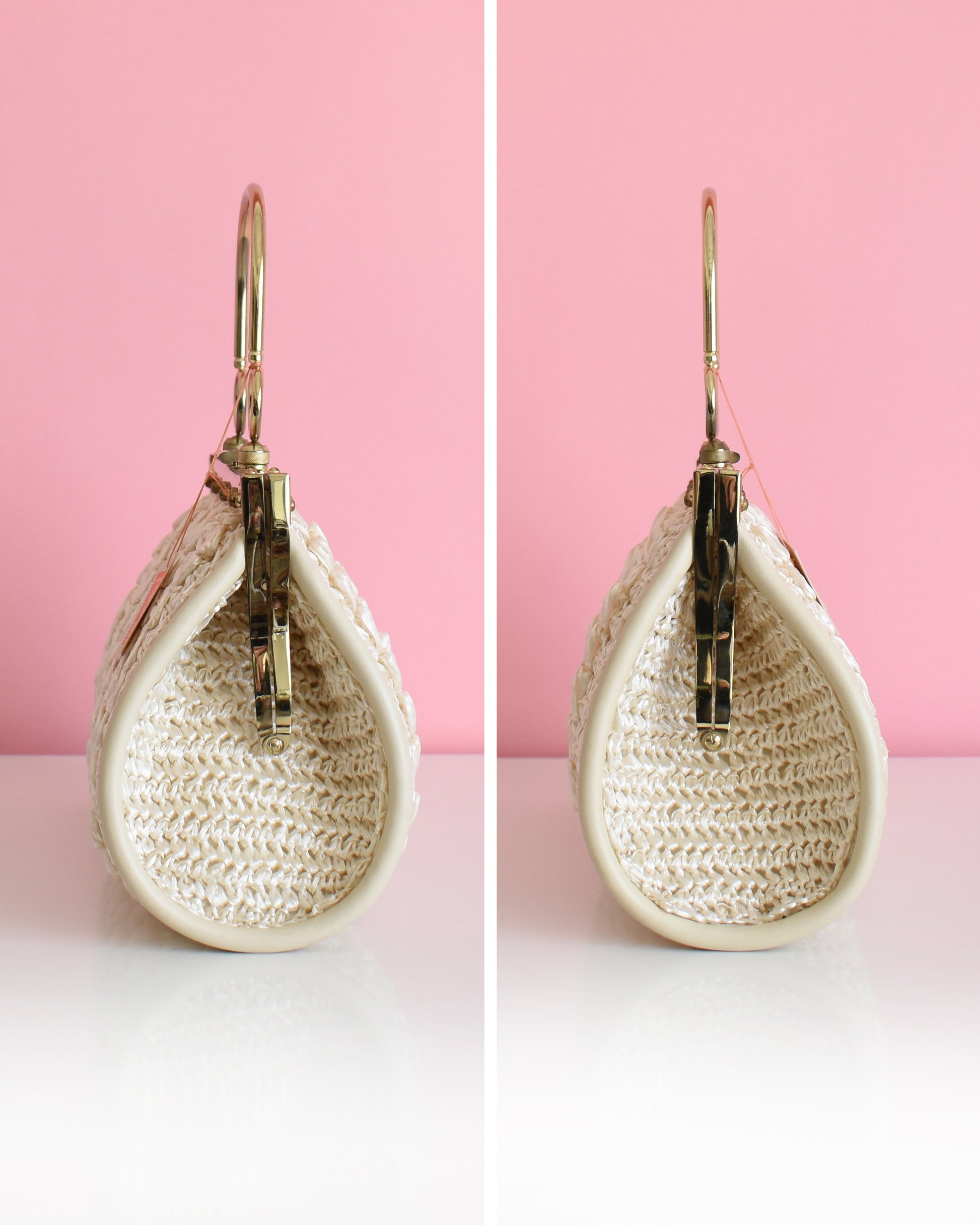 side by side views of the side of a vintage 1960s white woven handbag with gold frame and handle against a pink background