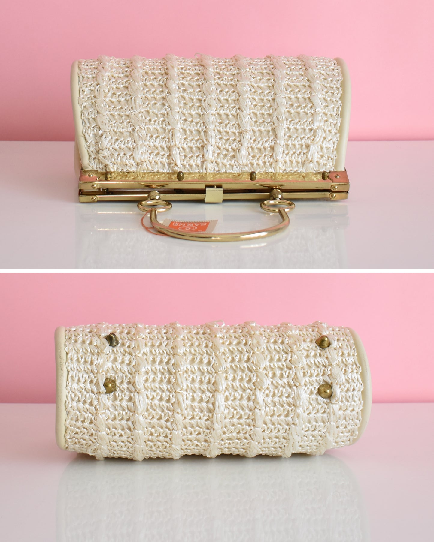 top and bottom view of a vintage 1960s white woven handbag with gold frame and handle against a pink background