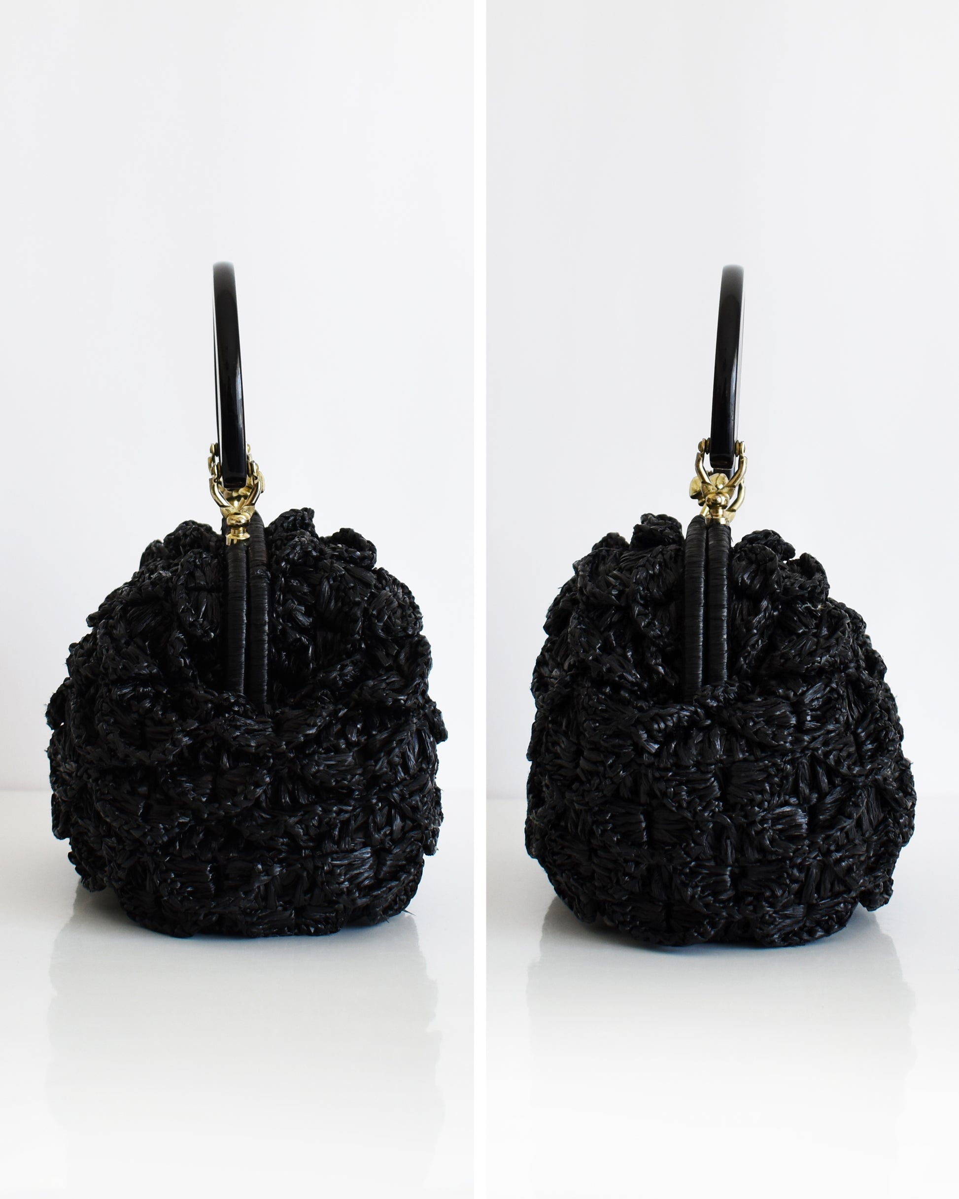 side by side side views of a vintage black woven raffia handbag with a handle on a white background