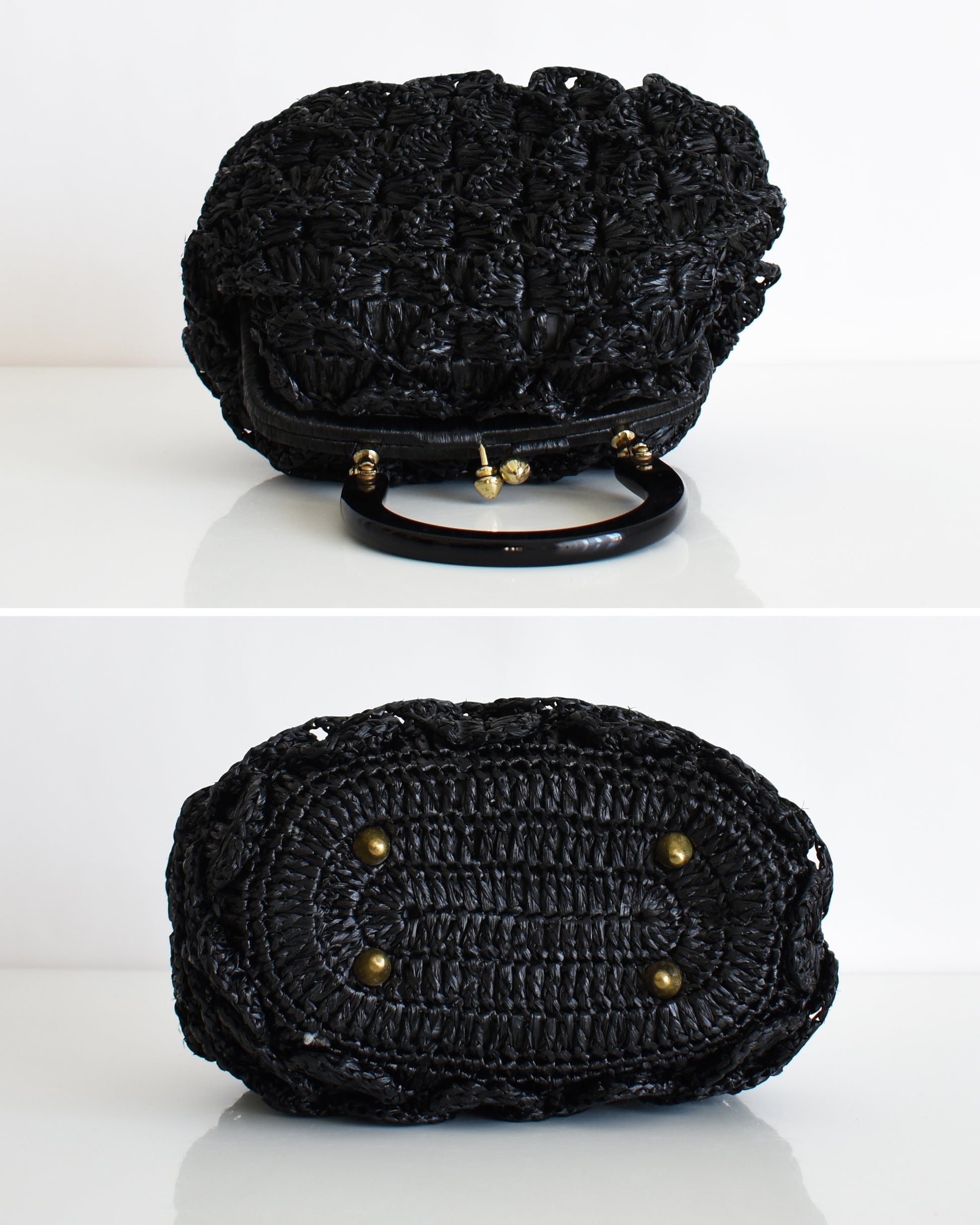 top and bottom views of a vintage black woven raffia handbag with a handle on a white background