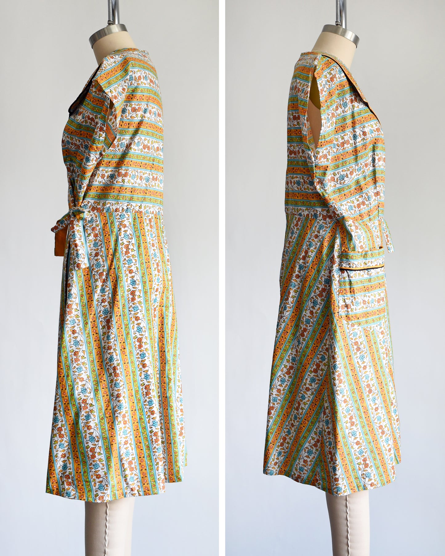 side by side view of the side of a vintage striped floral vintage 1960s wrap house dress by Sandra Lee Frocks 