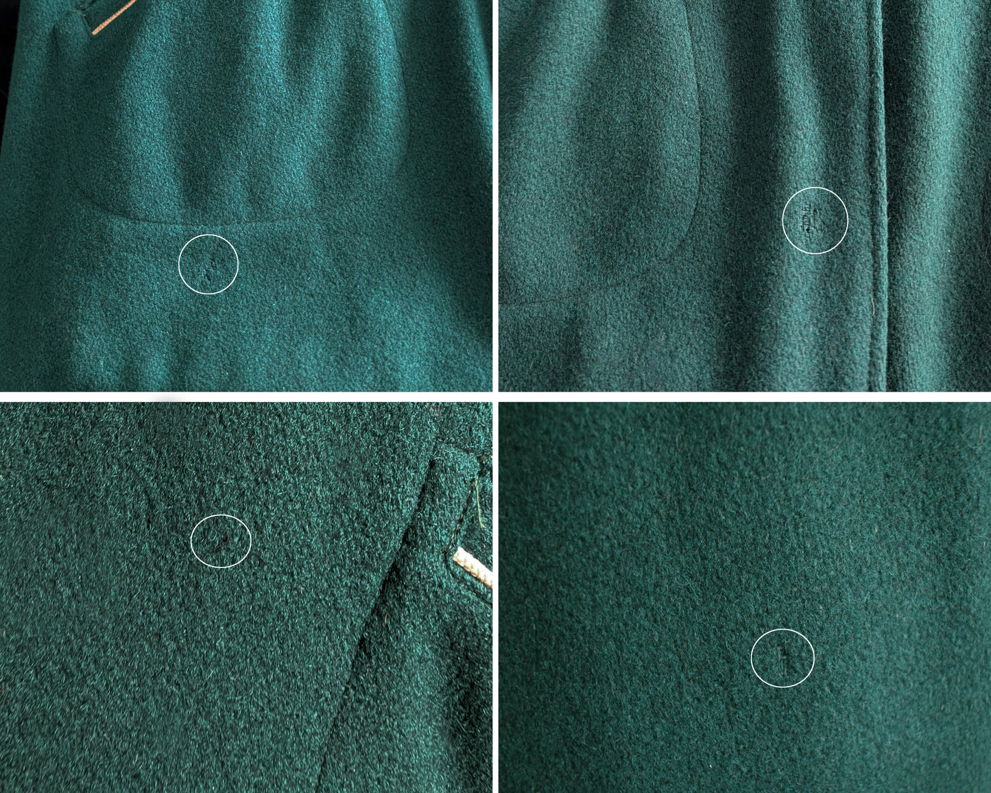 a photo collage showing small flaws like moth chews and a black spot