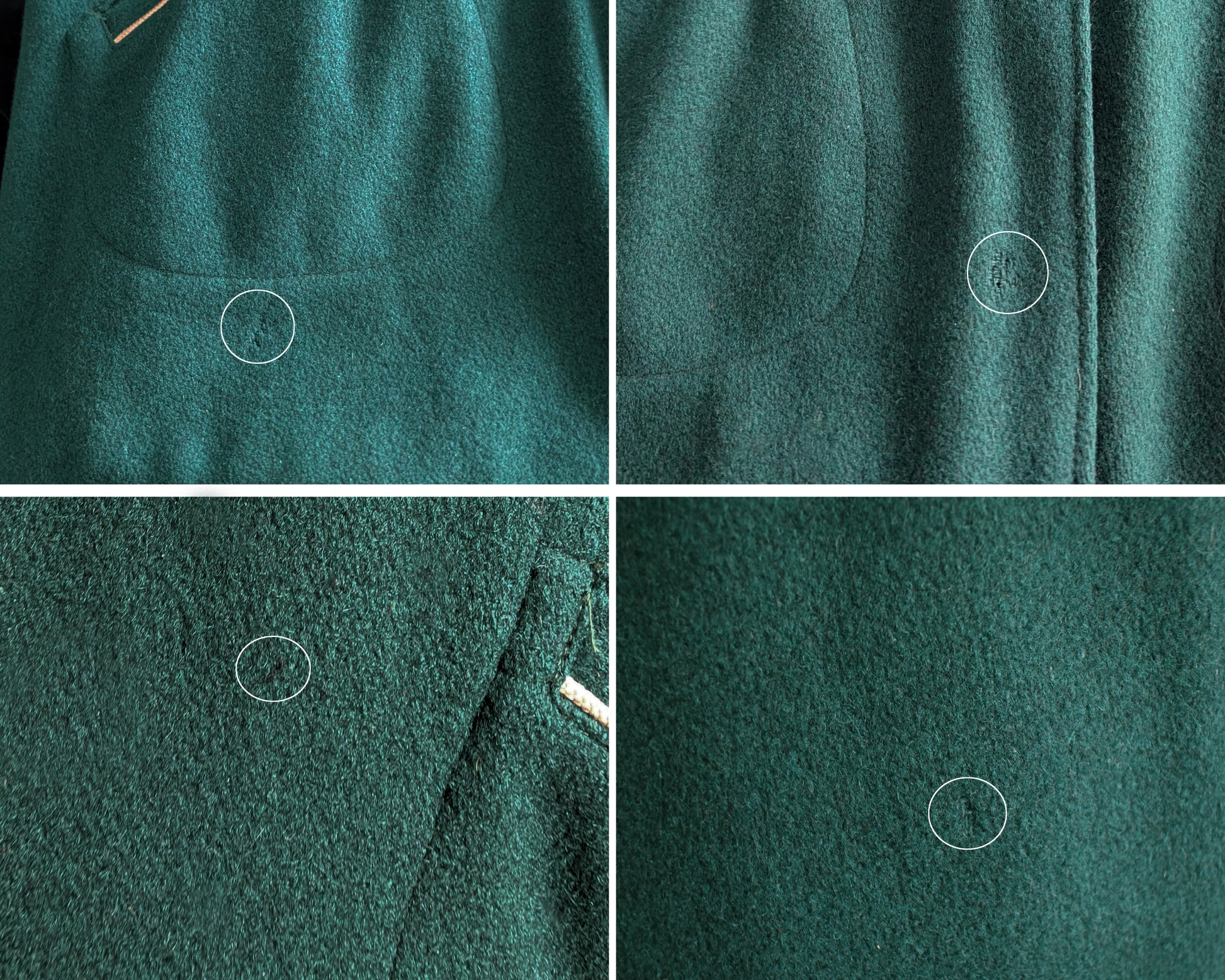 a photo collage showing small flaws like moth chews and a black spot