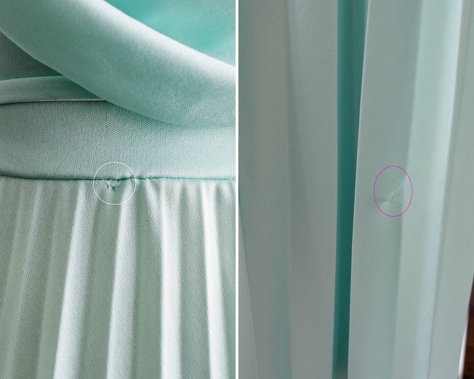 side by side collage of small flaws which included some snags on the waist on the back and towards the hem on the skirt