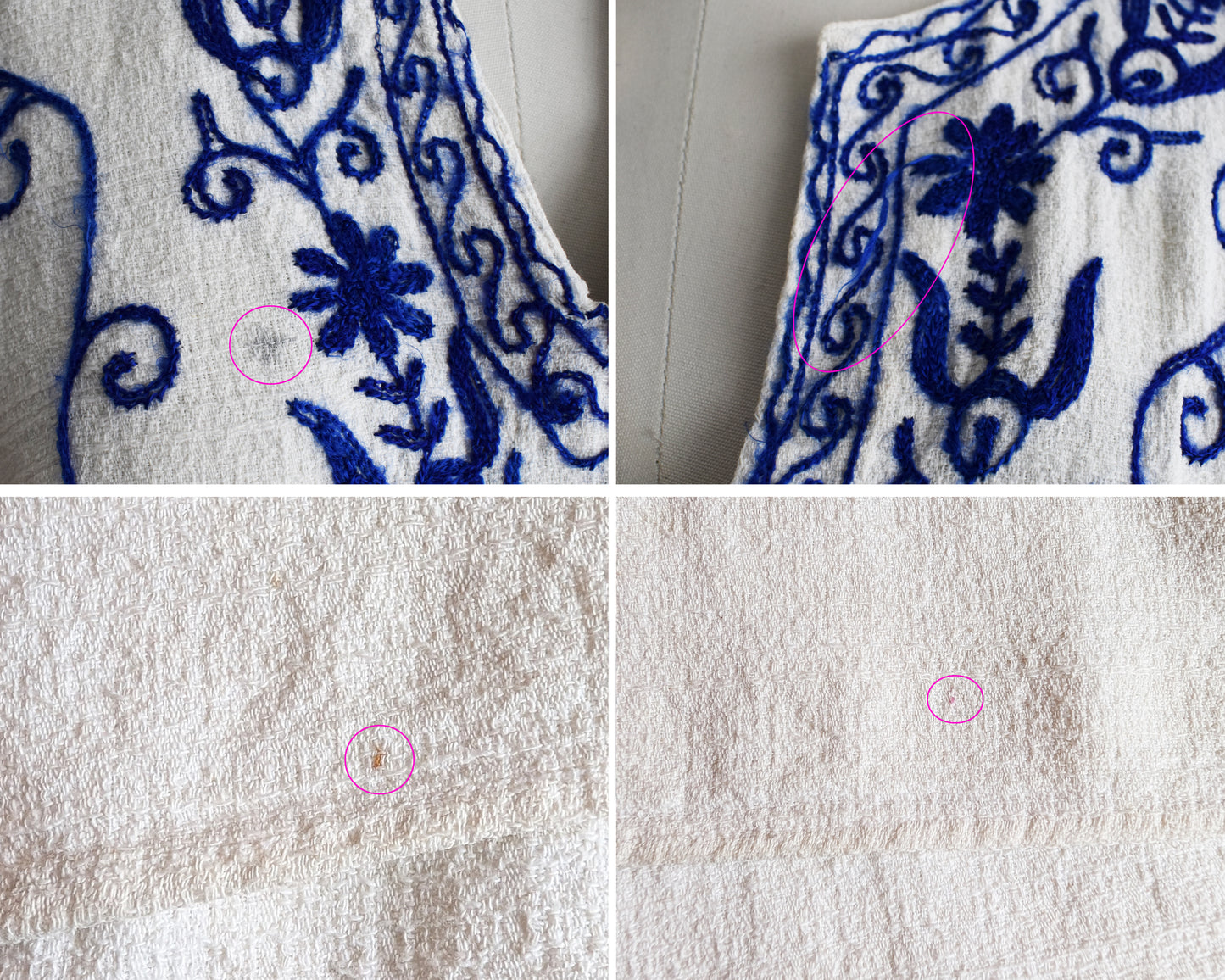 a photo collage showing small flaws like stains and a pull in the embroidery
