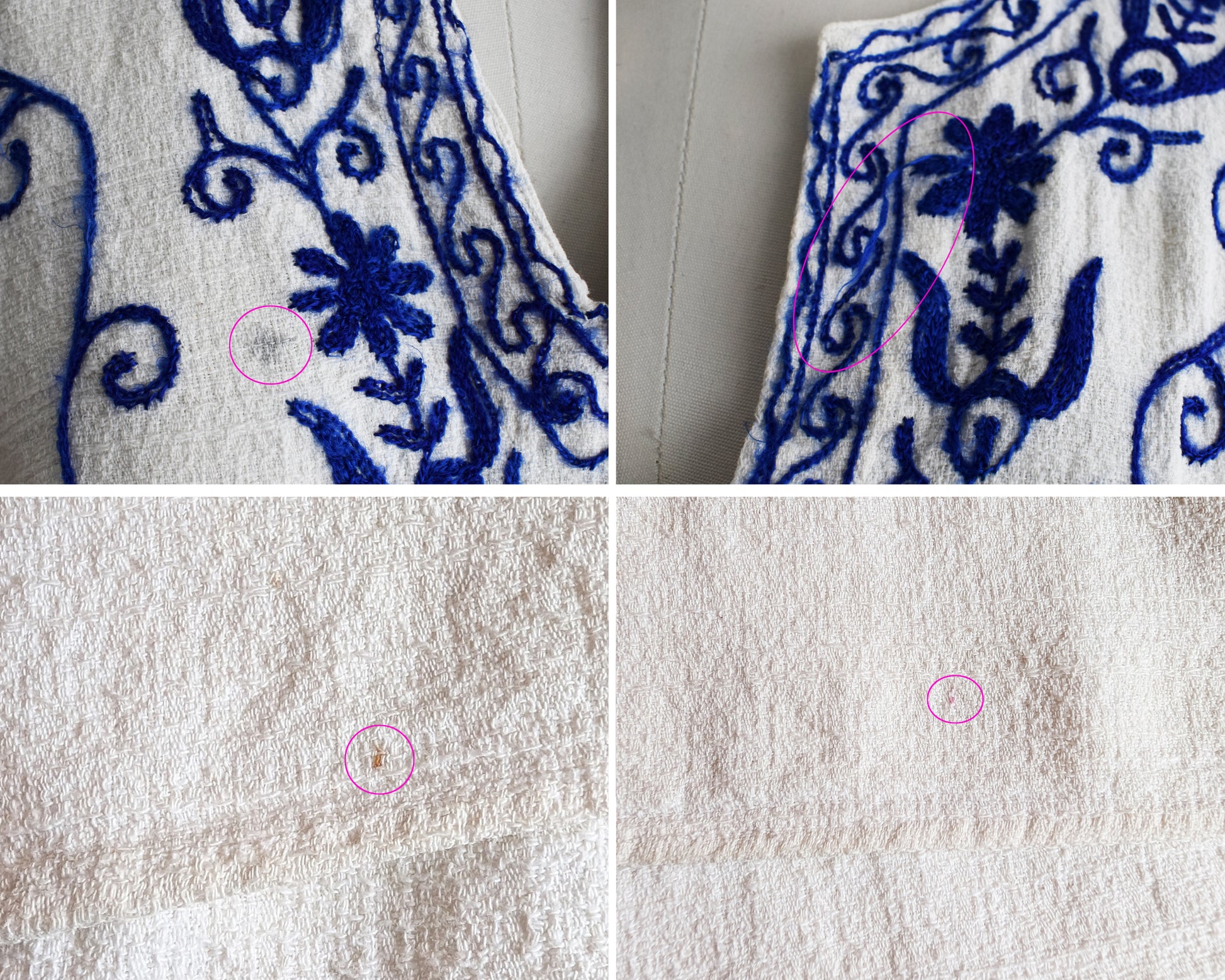 a photo collage showing small flaws like stains and a pull in the embroidery