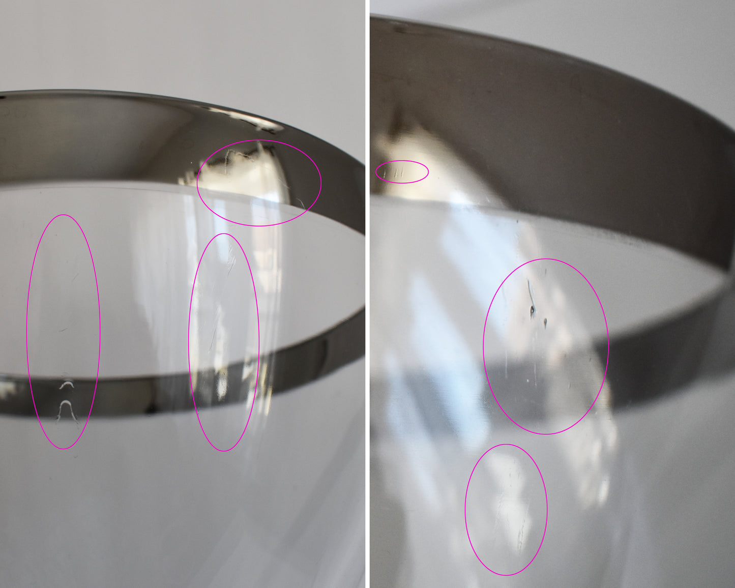a photo collage of the punch bowl showing small surface scratches on the glass