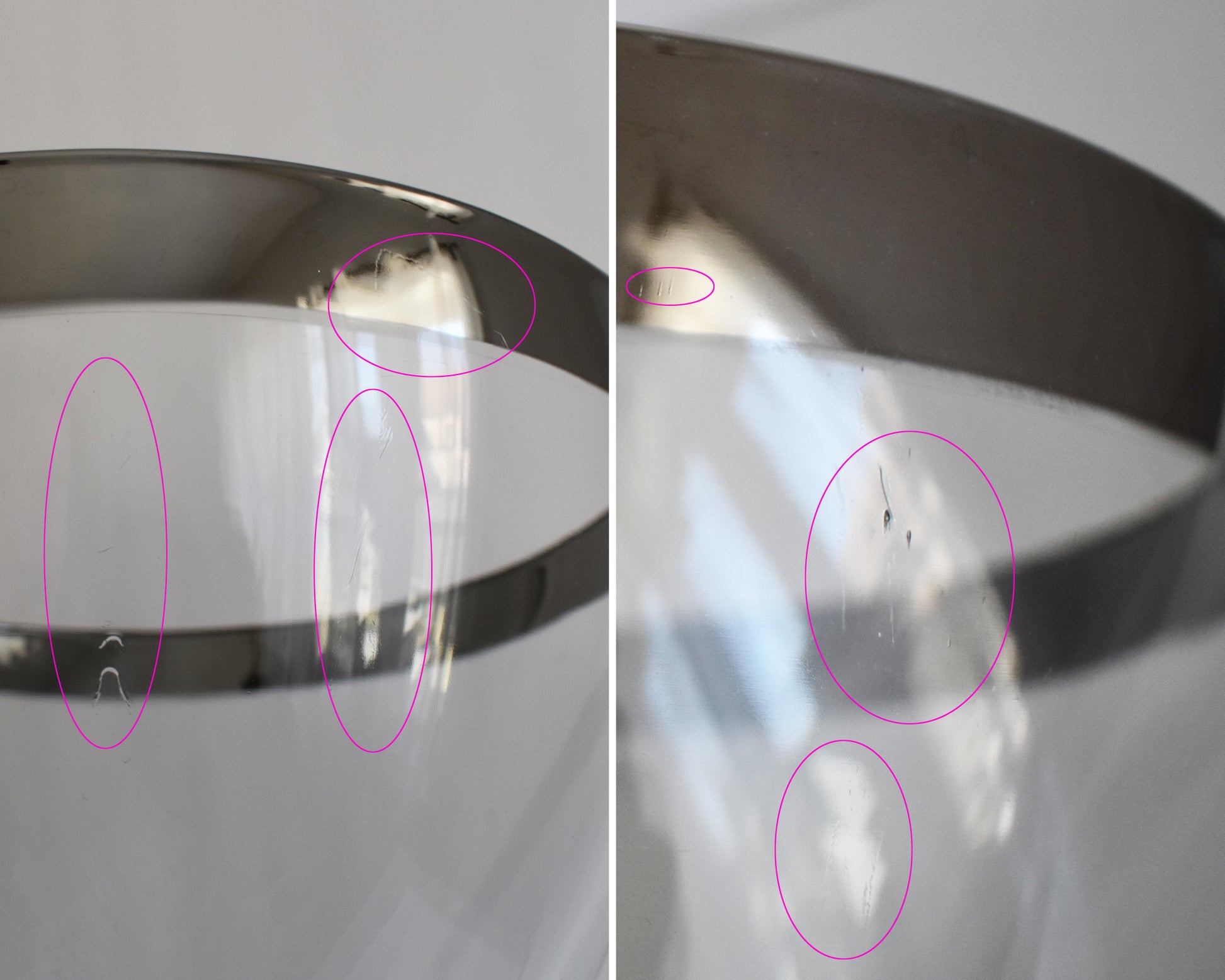 a photo collage of the punch bowl showing small surface scratches on the glass