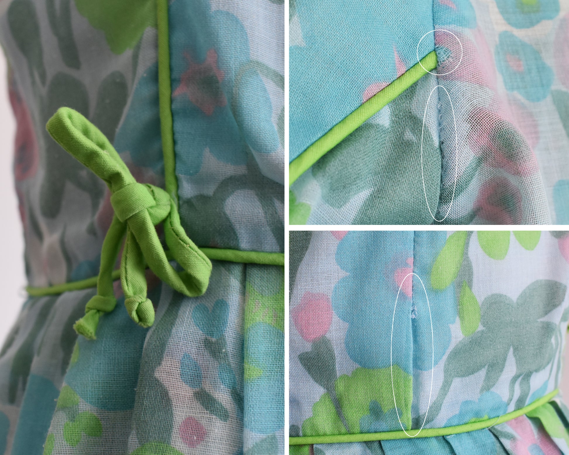 a photo collage of a few flaws which include a crooked bow, some fabric fraying, and a loose pleat