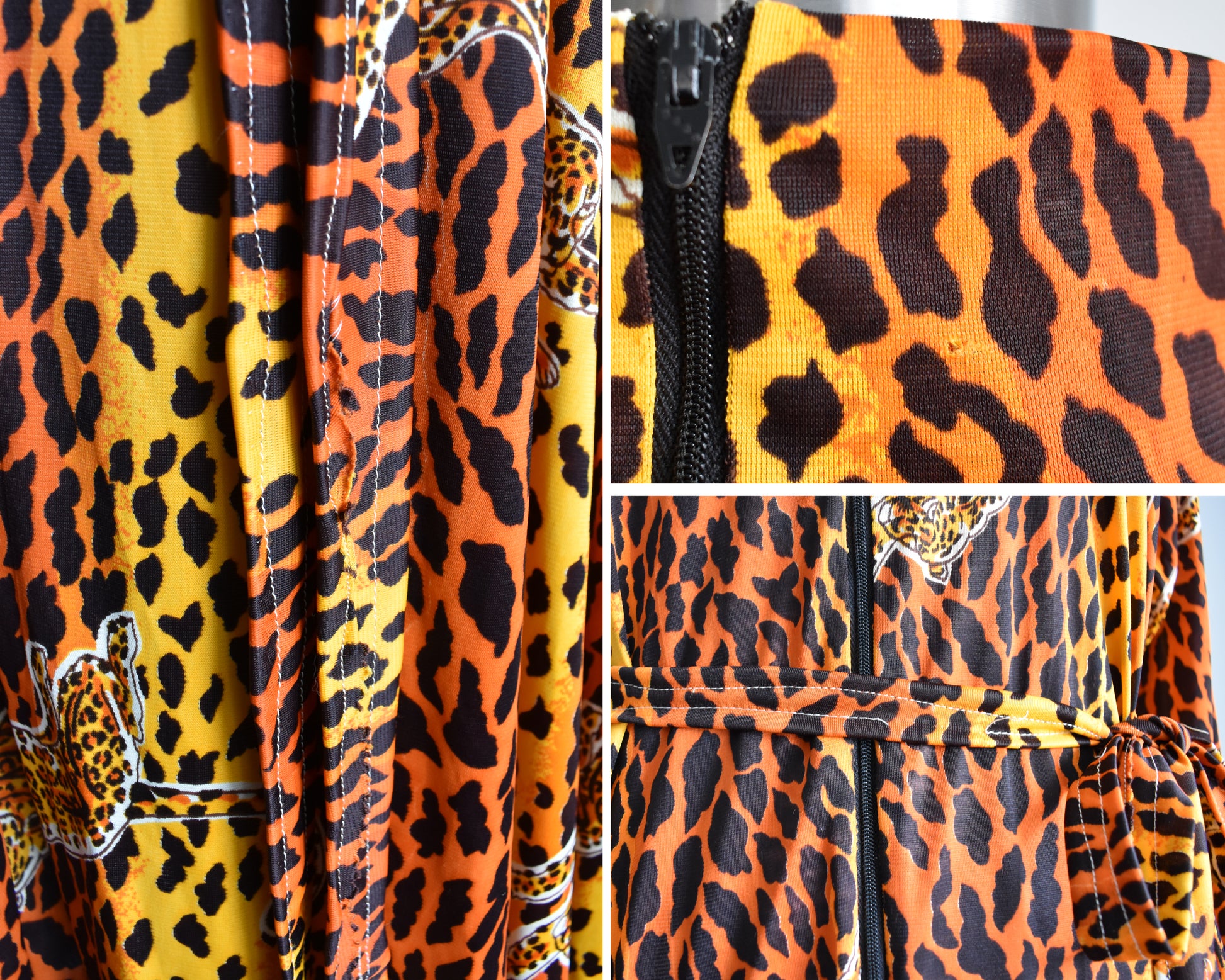 a photo collage of small flaws which include missing stitching on the belt and a small hole on the collar