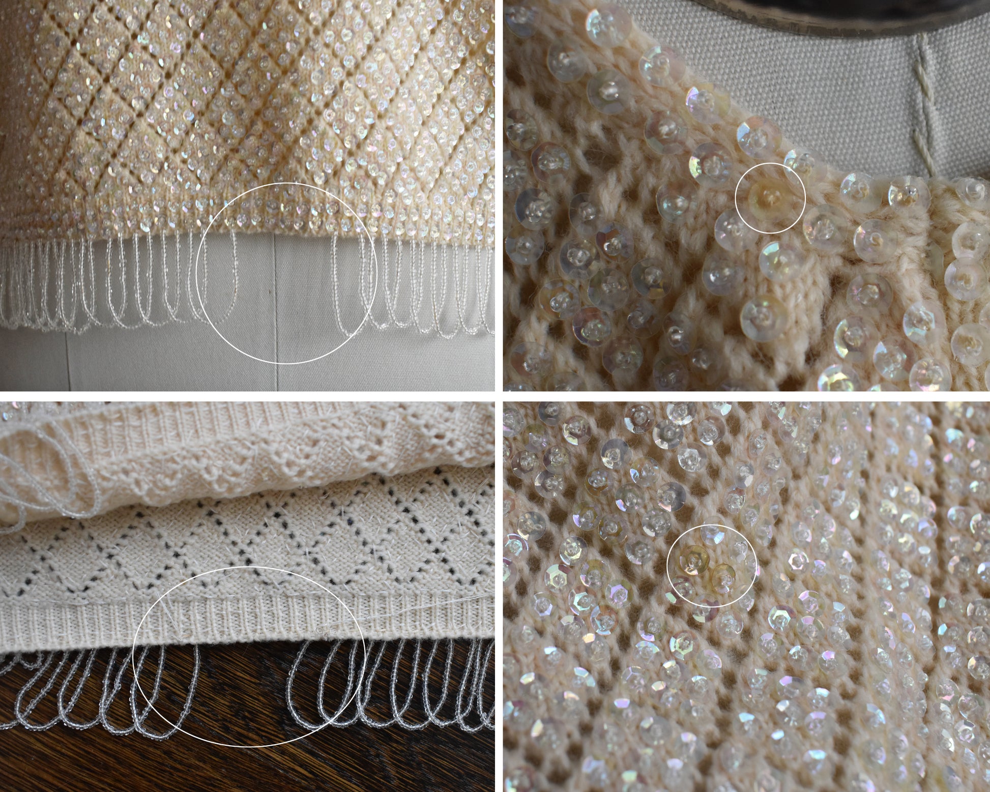 a photo collage showing small flaws including a few missing loops on the hem and a few discolored sequins