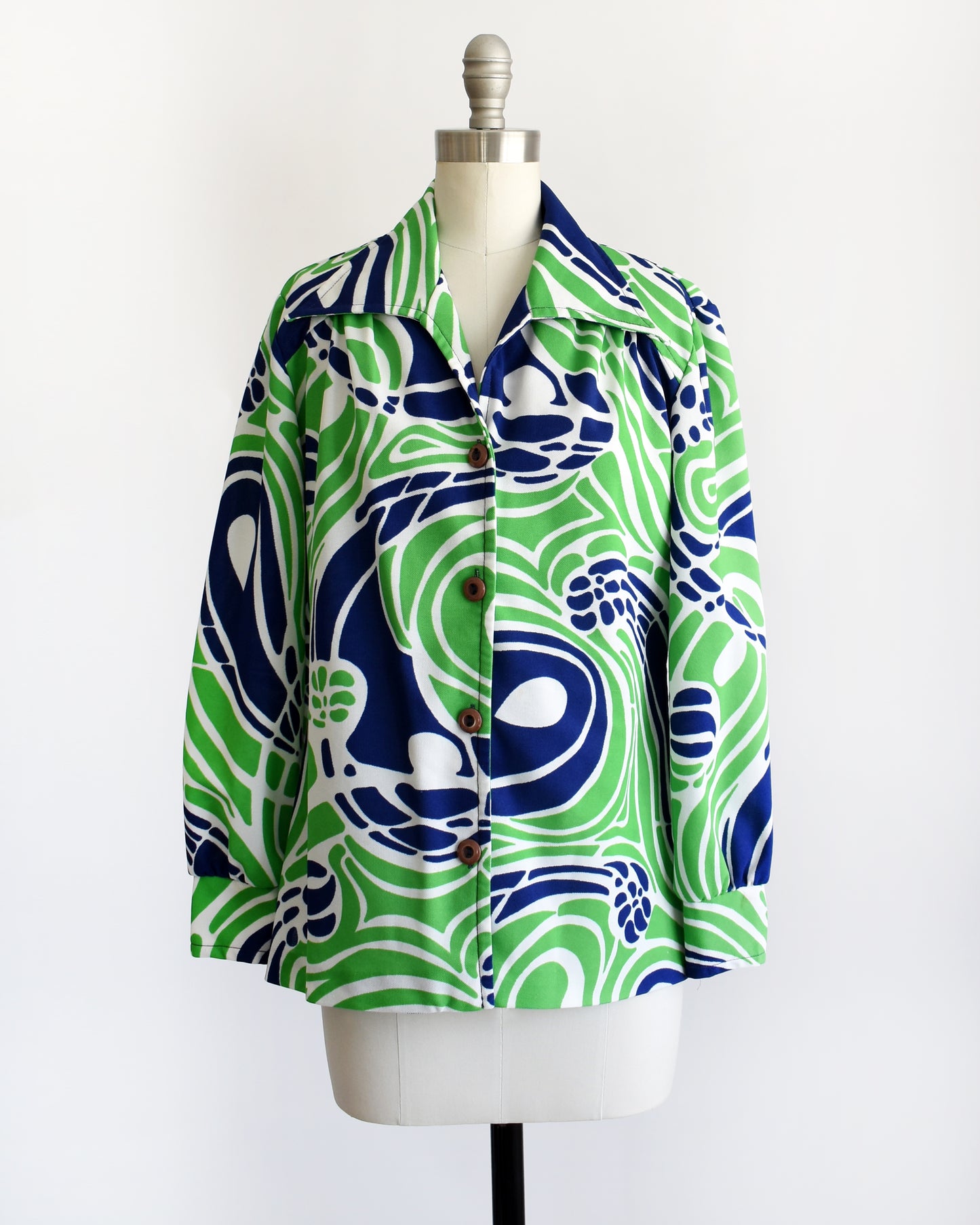 Vintage 1970s Blue & Green Psychedelic Blouse | medium large