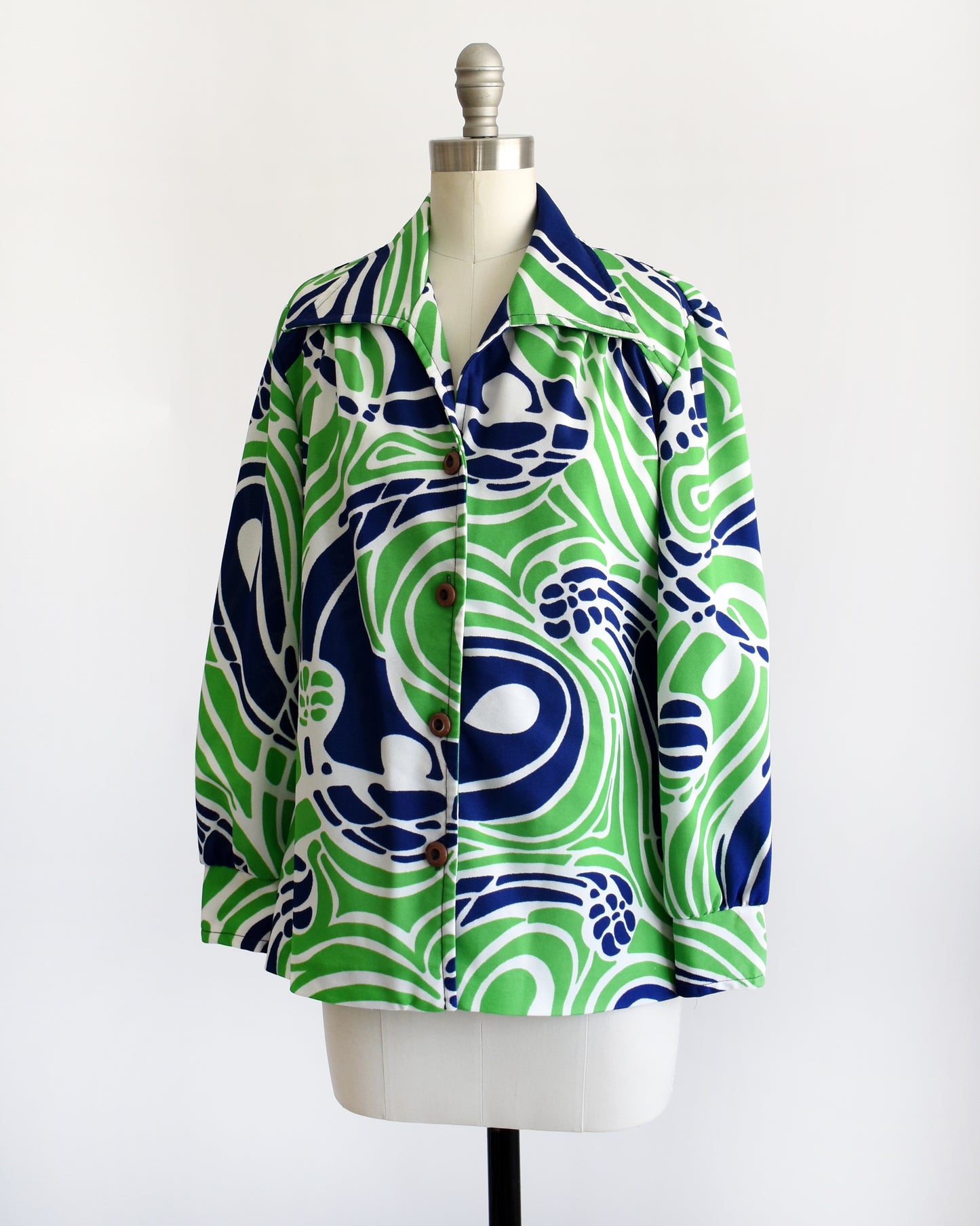 Vintage 1970s Blue & Green Psychedelic Blouse | medium large