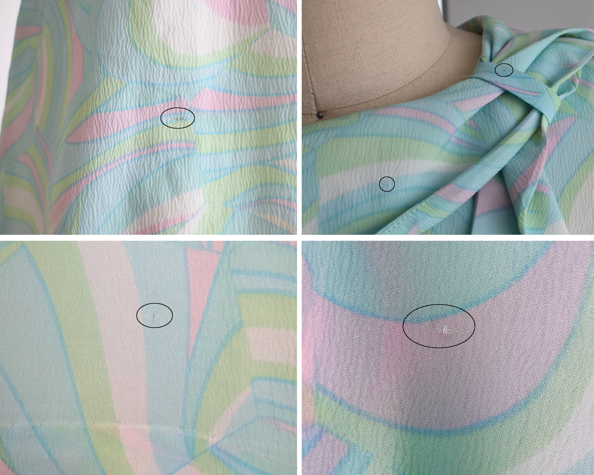 a photo collage showing small flaws which include snags and marks