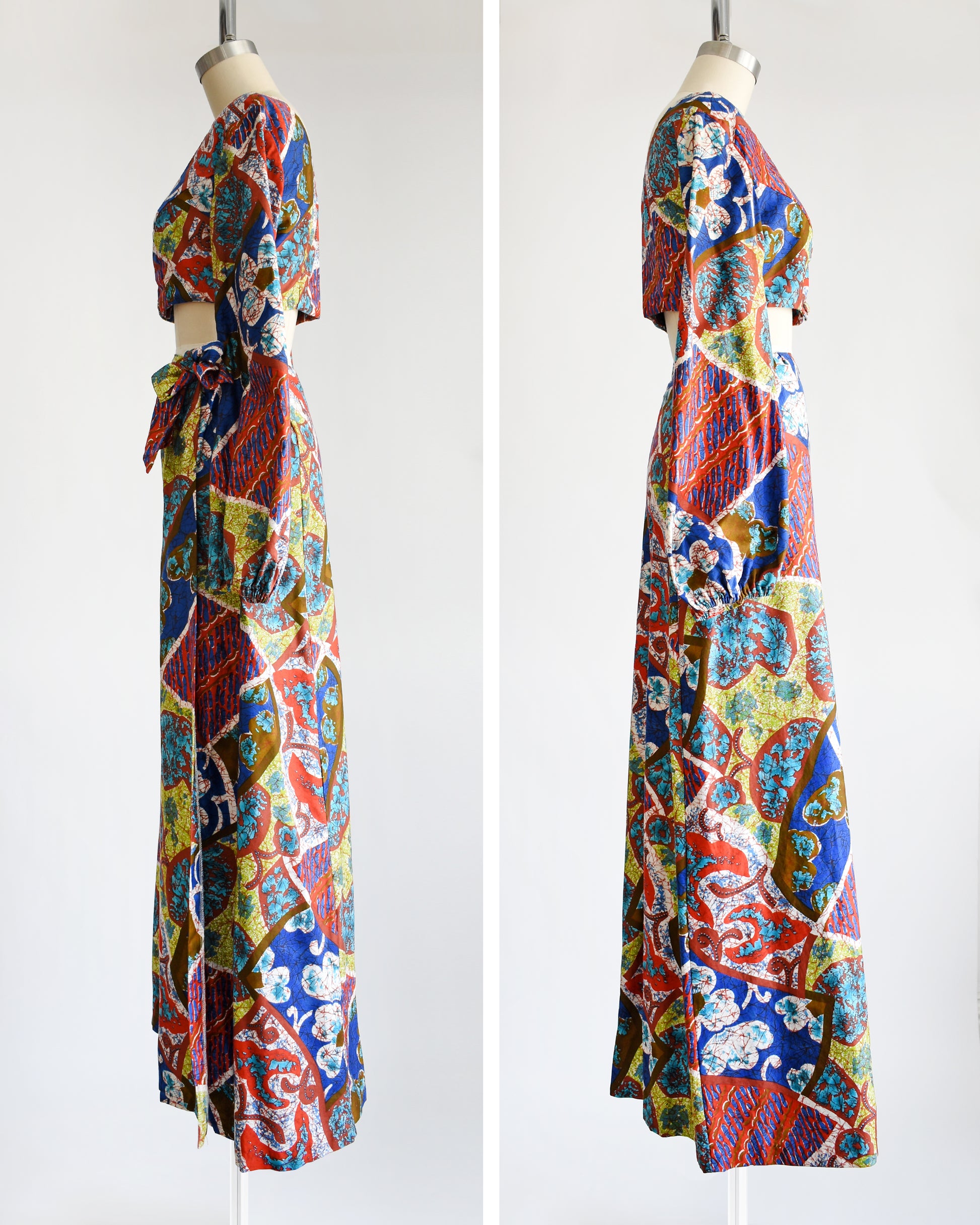 side by side views of the side of a vintage 1960s/1970s Hawaiian two piece crop top and maxi skirt set by Kahala. 