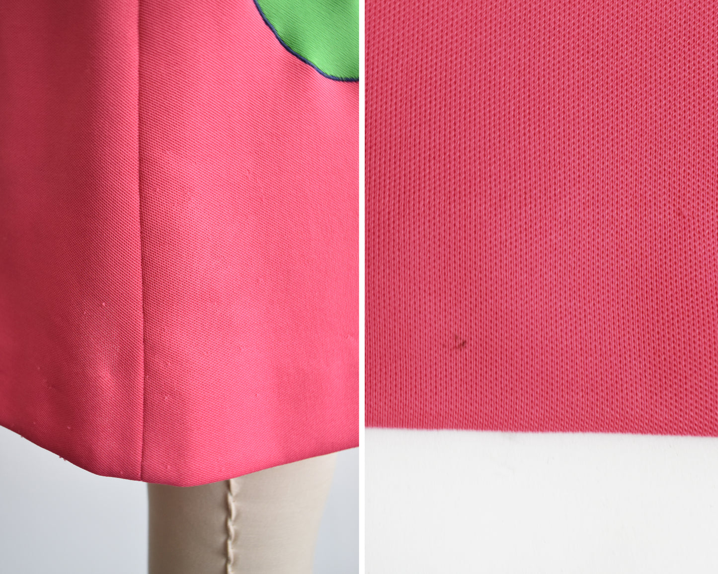 side by side photos of small flaws which include some pulls on the fabric and a dark spot on the back