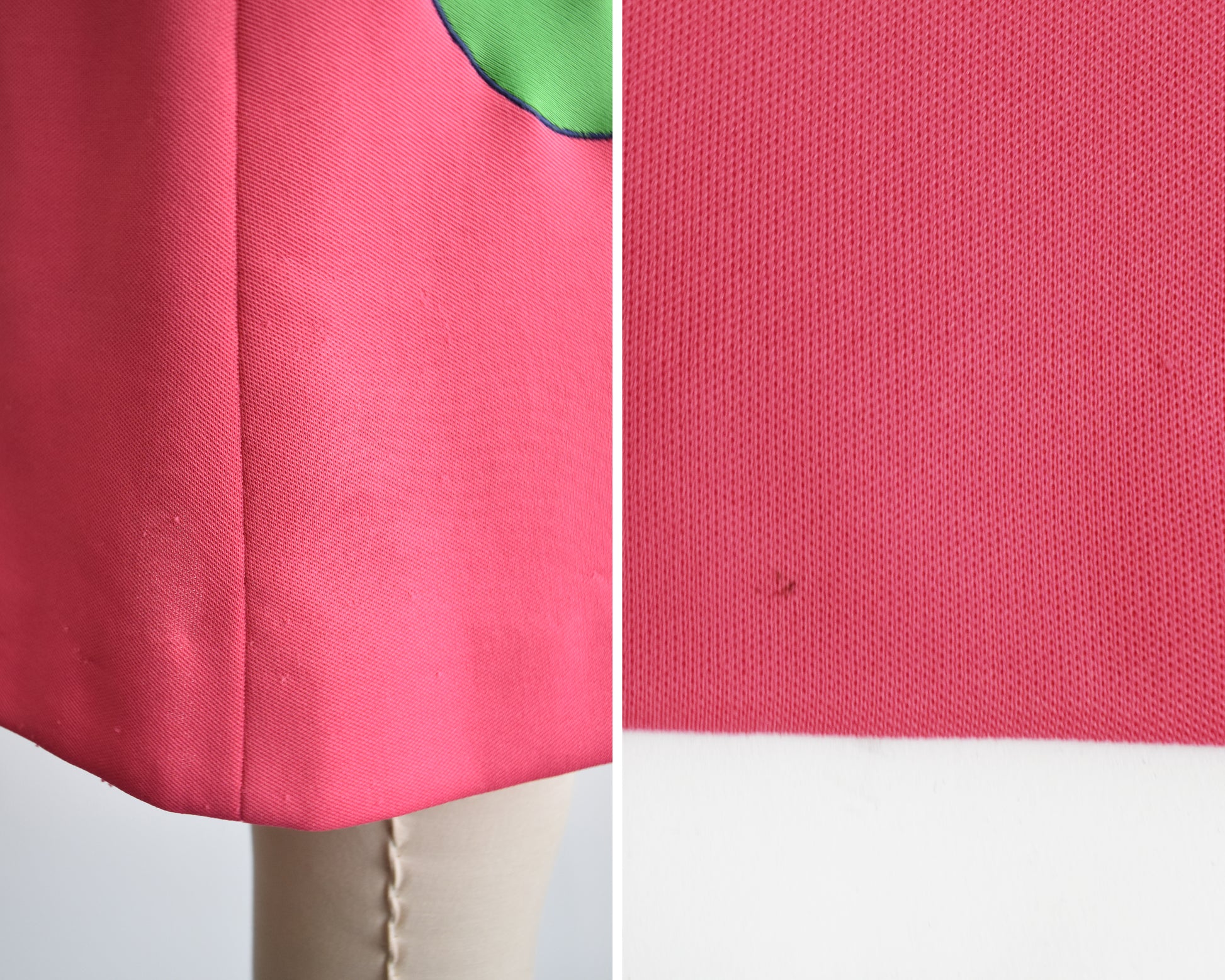 side by side photos of small flaws which include some pulls on the fabric and a dark spot on the back