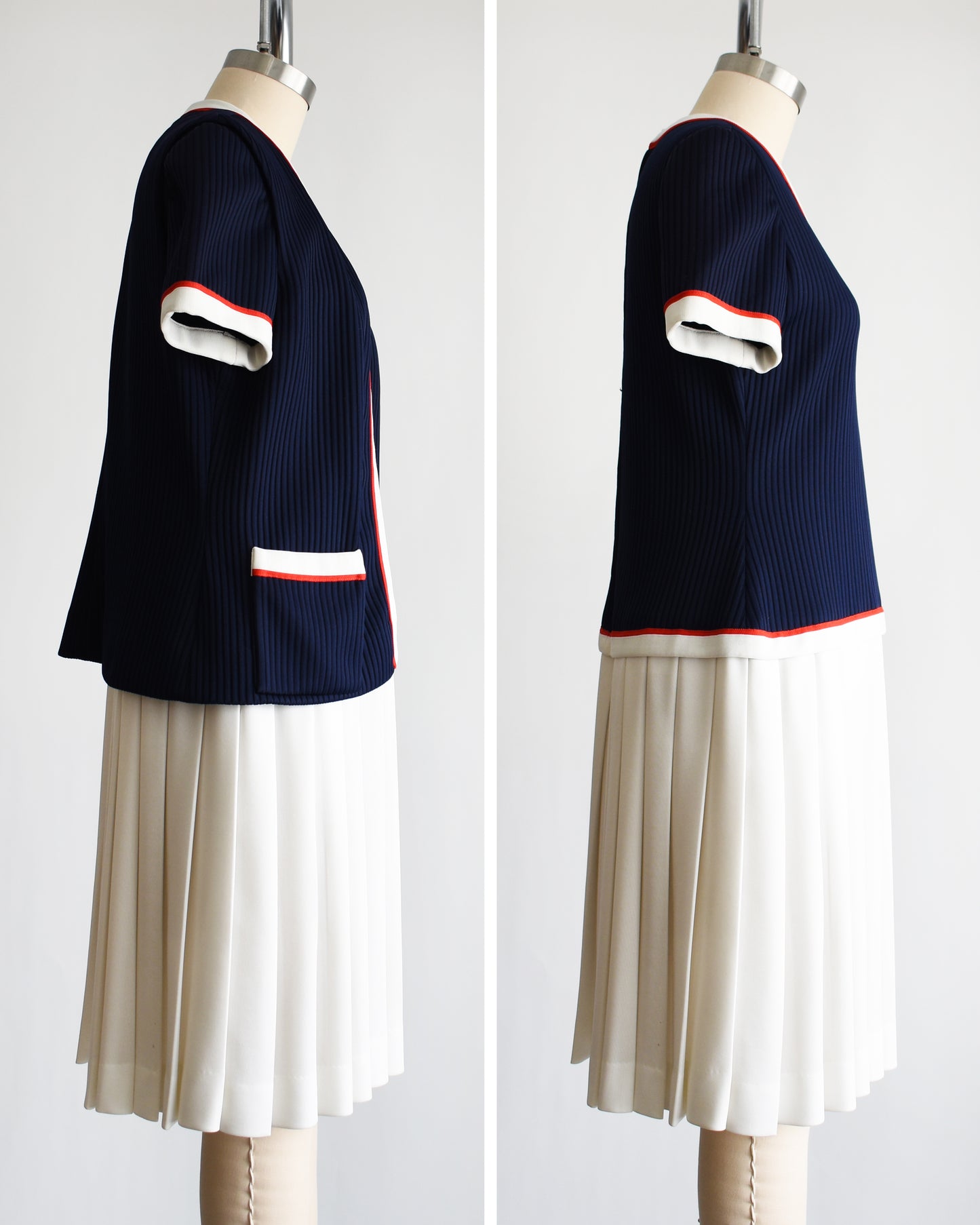 side by side views of a vintage 1970s navy and white dress set that has red trim and a white skirt on a mannequin on a white background. the photo on the right shows the dress without the vest
