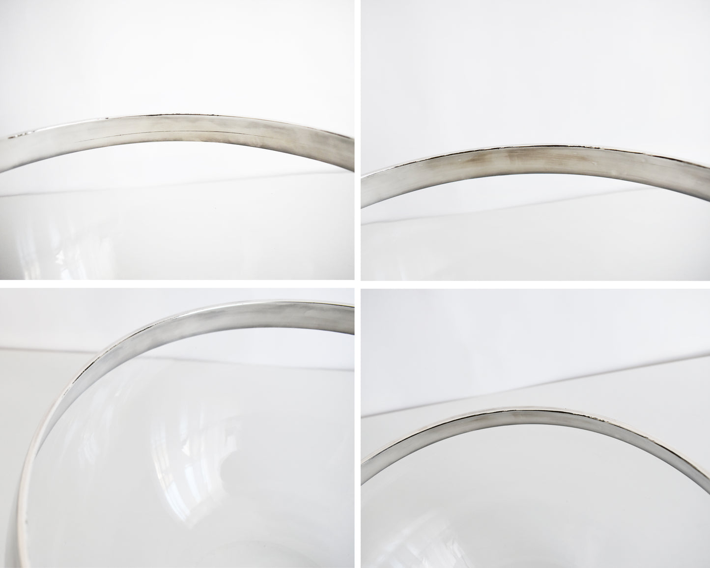 a photo collage showing small flaws in the silver which include a scratch, dark spots, and missing silver