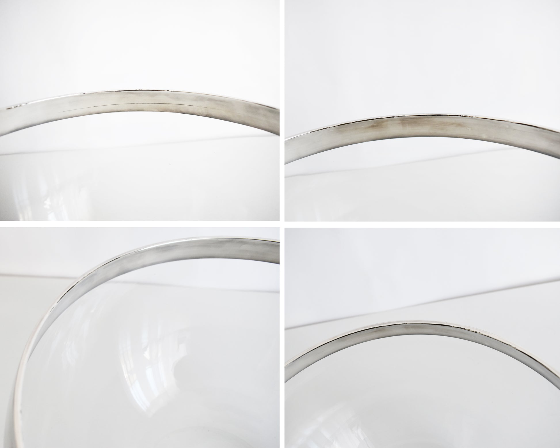 a photo collage showing small flaws in the silver which include a scratch, dark spots, and missing silver