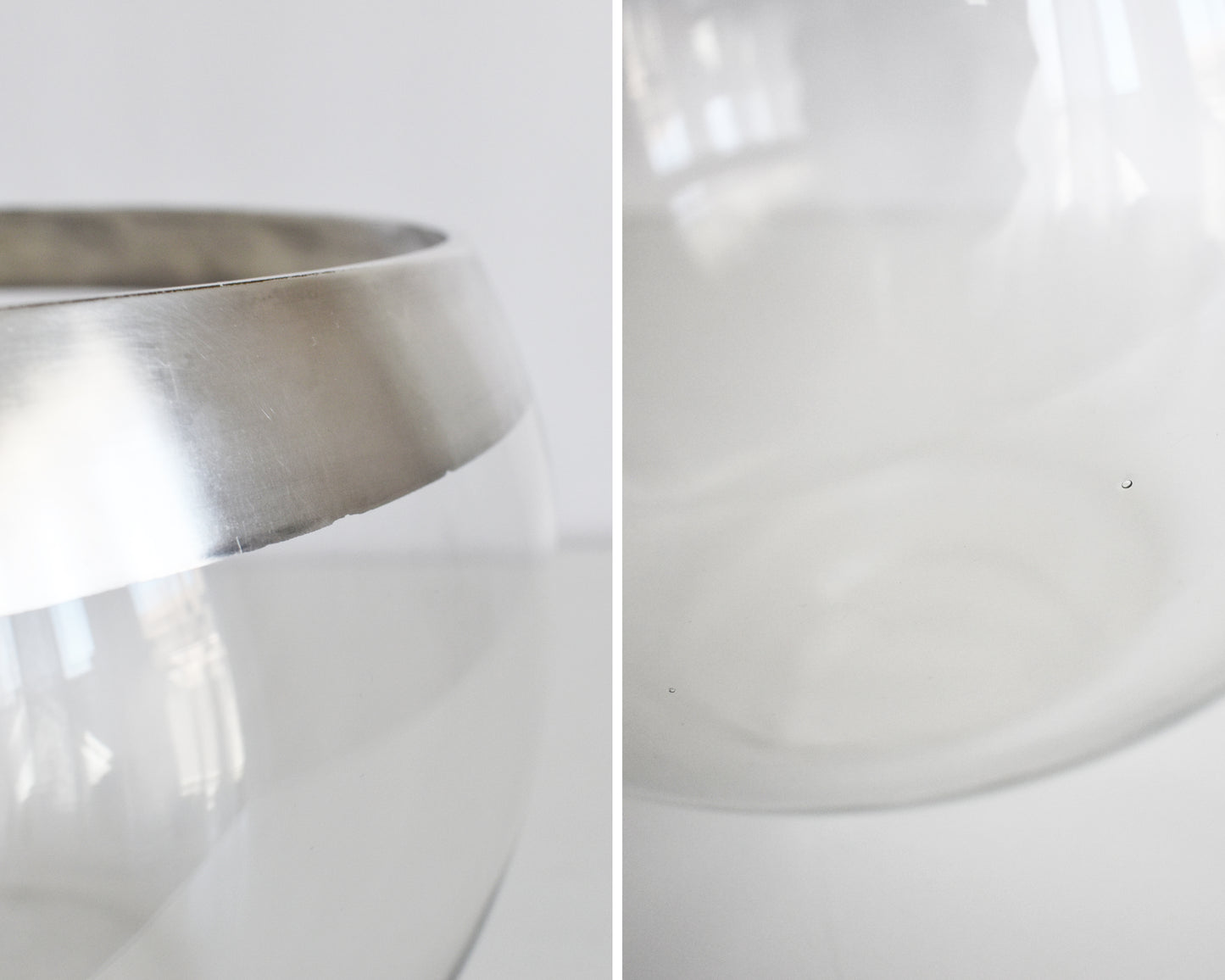 a photo collage showing small flaws in the silver which include missing silver in some spots and a few bubbles in the glass