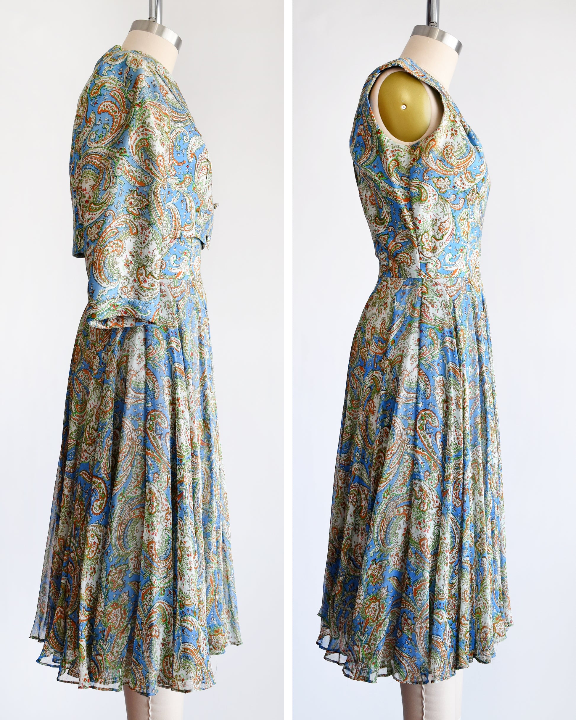 side by side views of a vintage 1950s silk paisley dress set by Saks Fifth Avenue. the jacket is off in the right photo