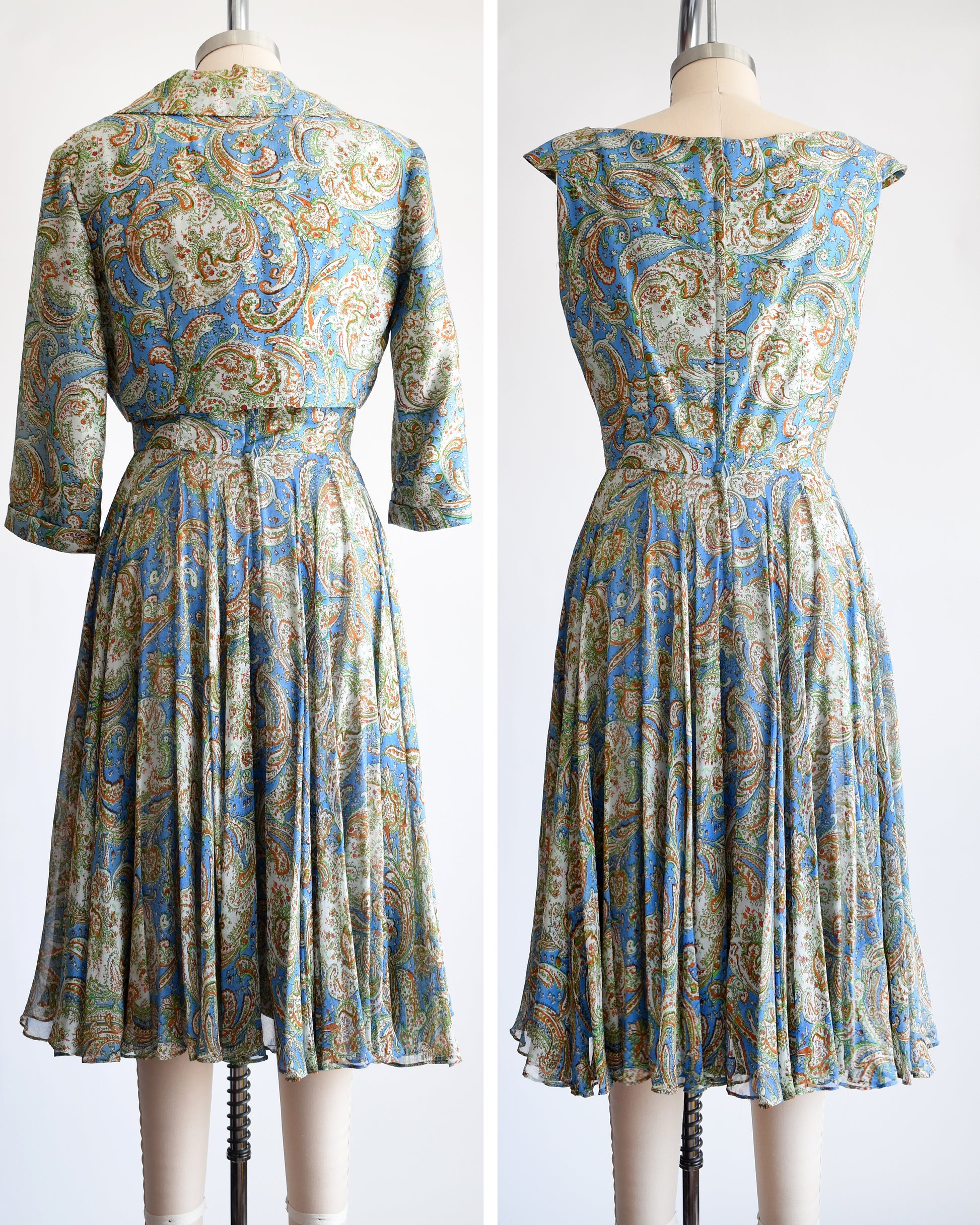 side by side back views of a vintage 1950s silk paisley dress set by Saks Fifth Avenue. the jacket is off in the left photo