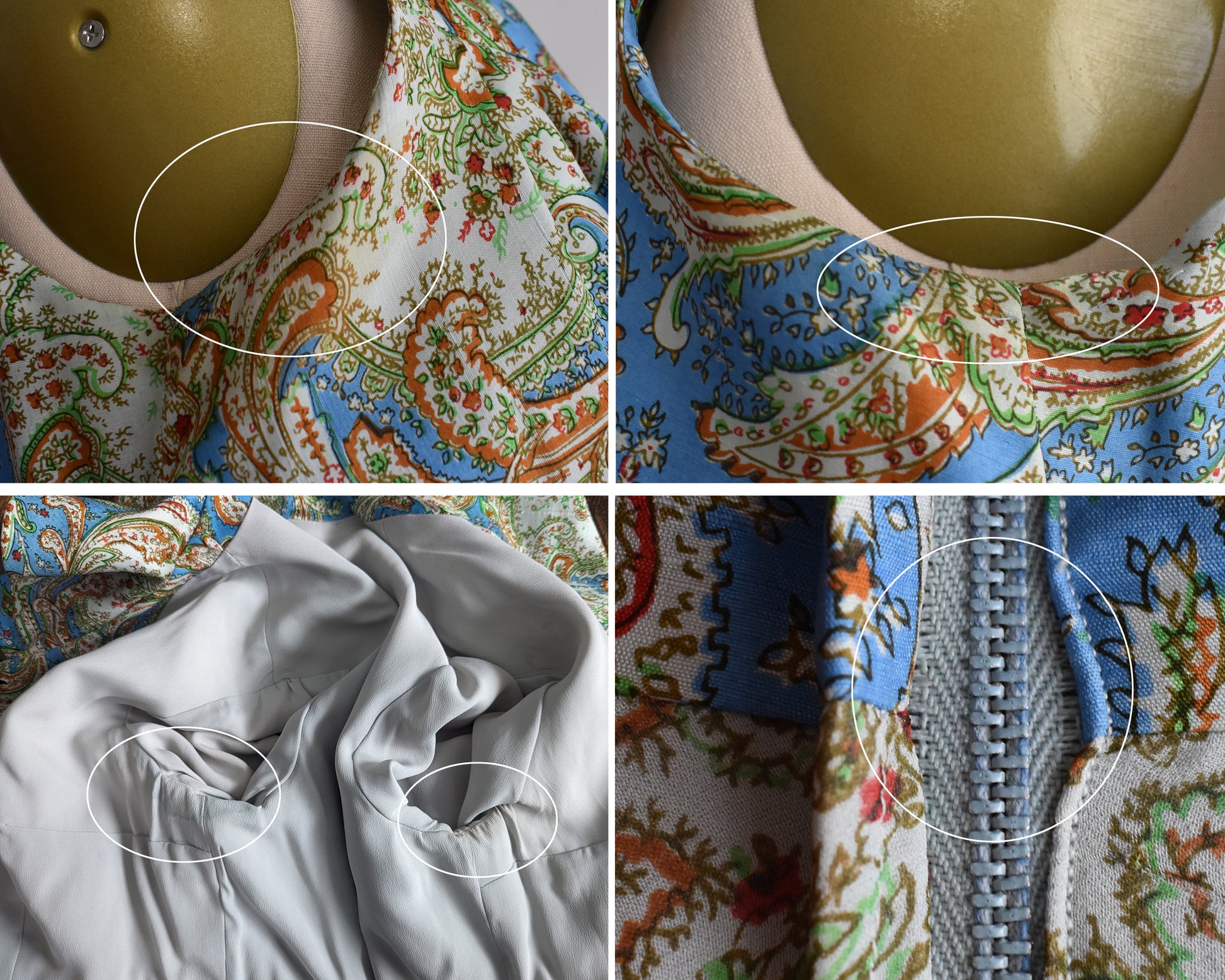 A photo collage of small flaw, which show some underarm discoloration on the dress and the jacket lining, and some seam stressing on the zipper