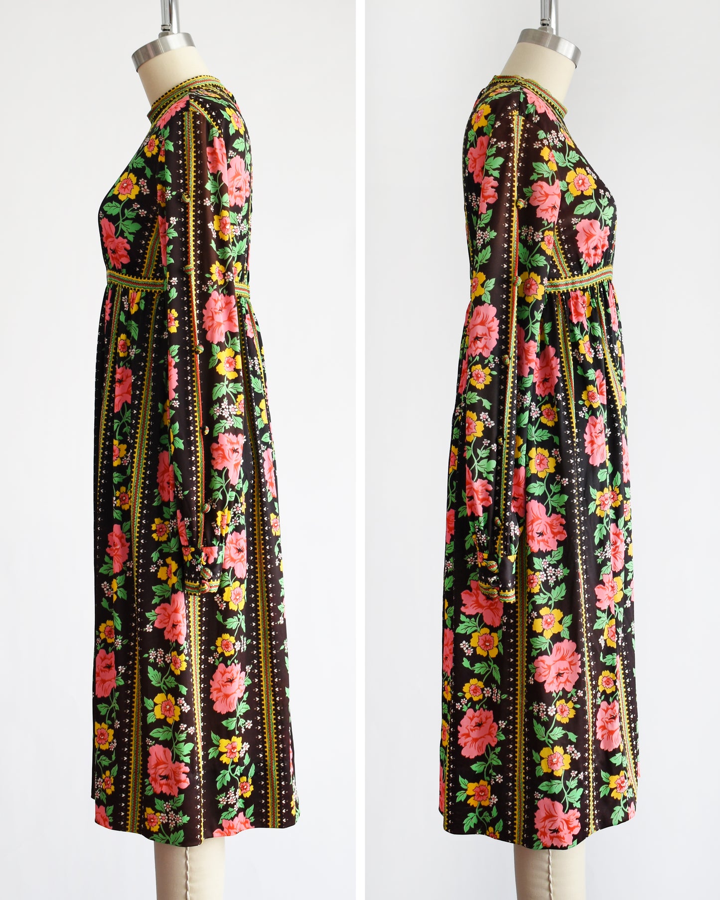 side by side front views of a vintage 1960s/1970s floral dress on a mannequin against a white background