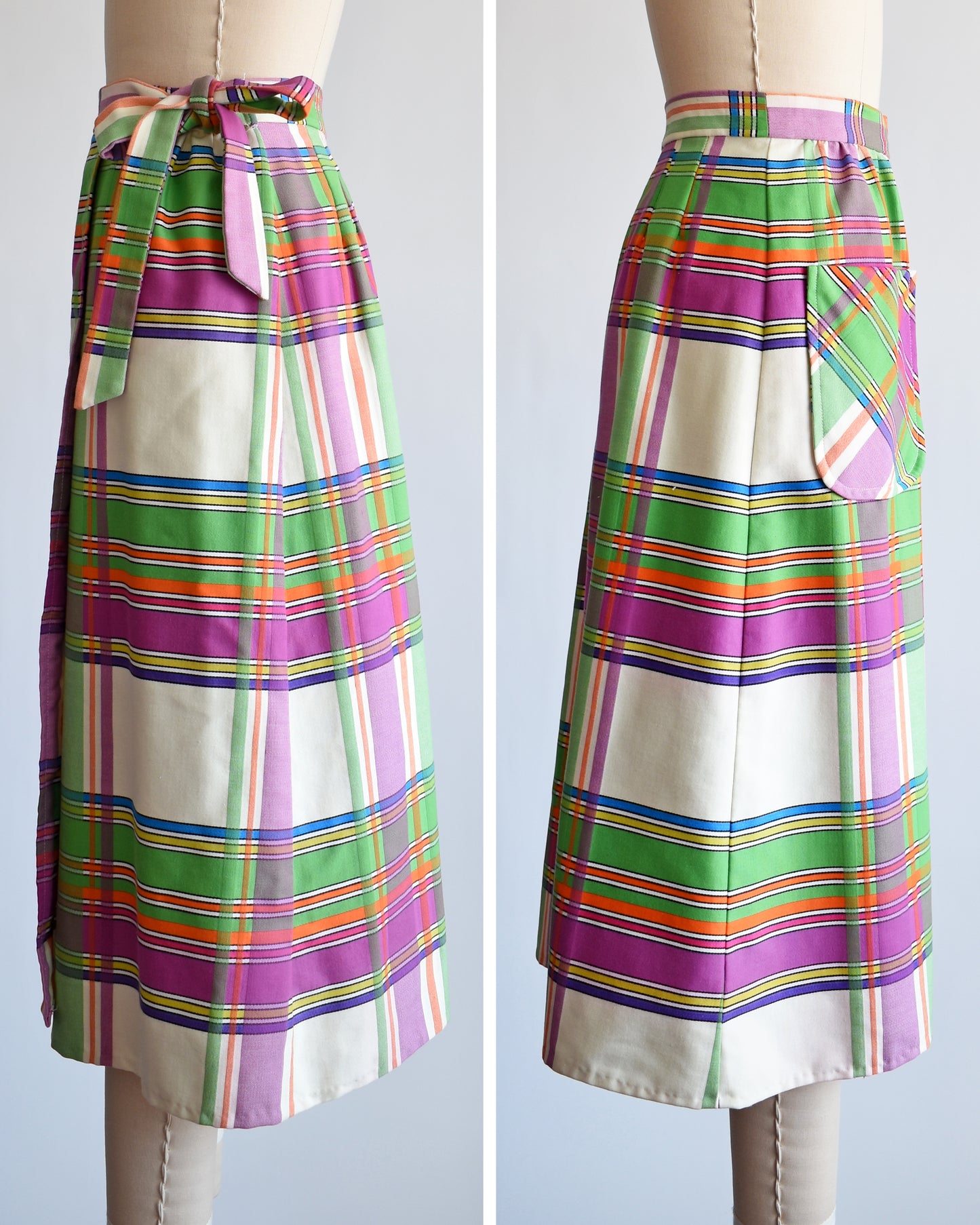 side by side views of a vintage 60s plaid wrap skirt with a patch pocket on the front.