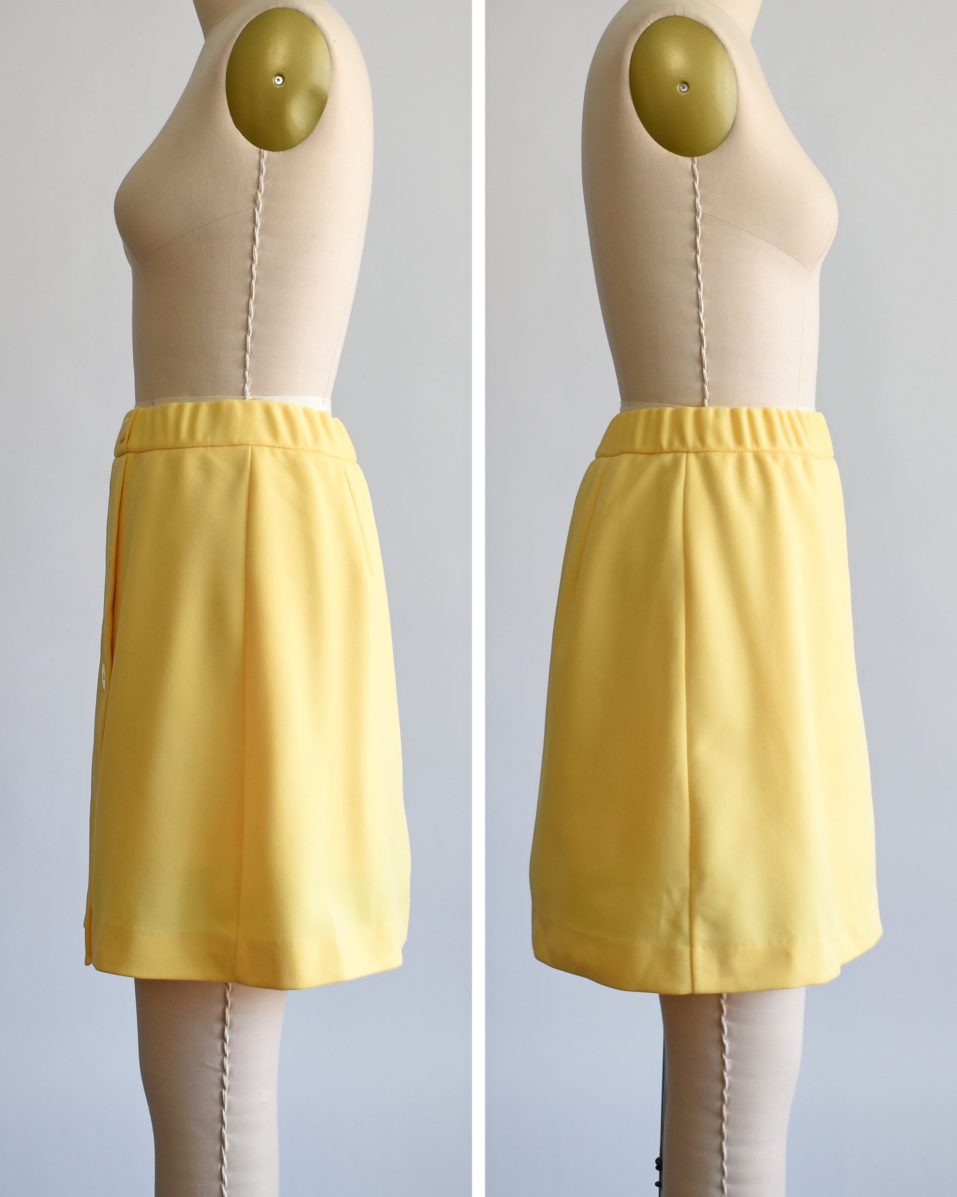 side by side views of a vintage 1970s skort with three decorative buttons along the left side