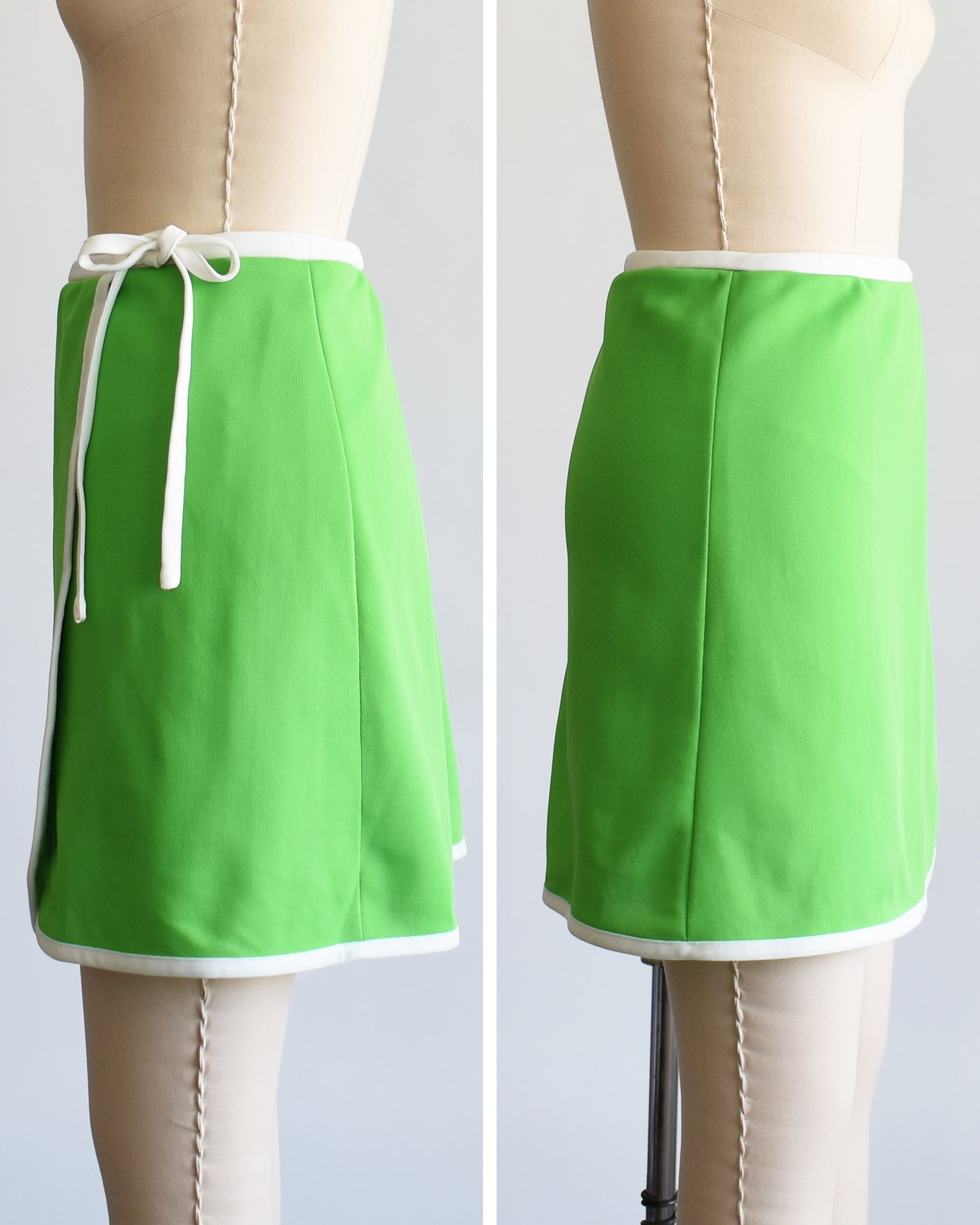 side by side views of a vintage 1970s green and white skort. one side has a decorative tie