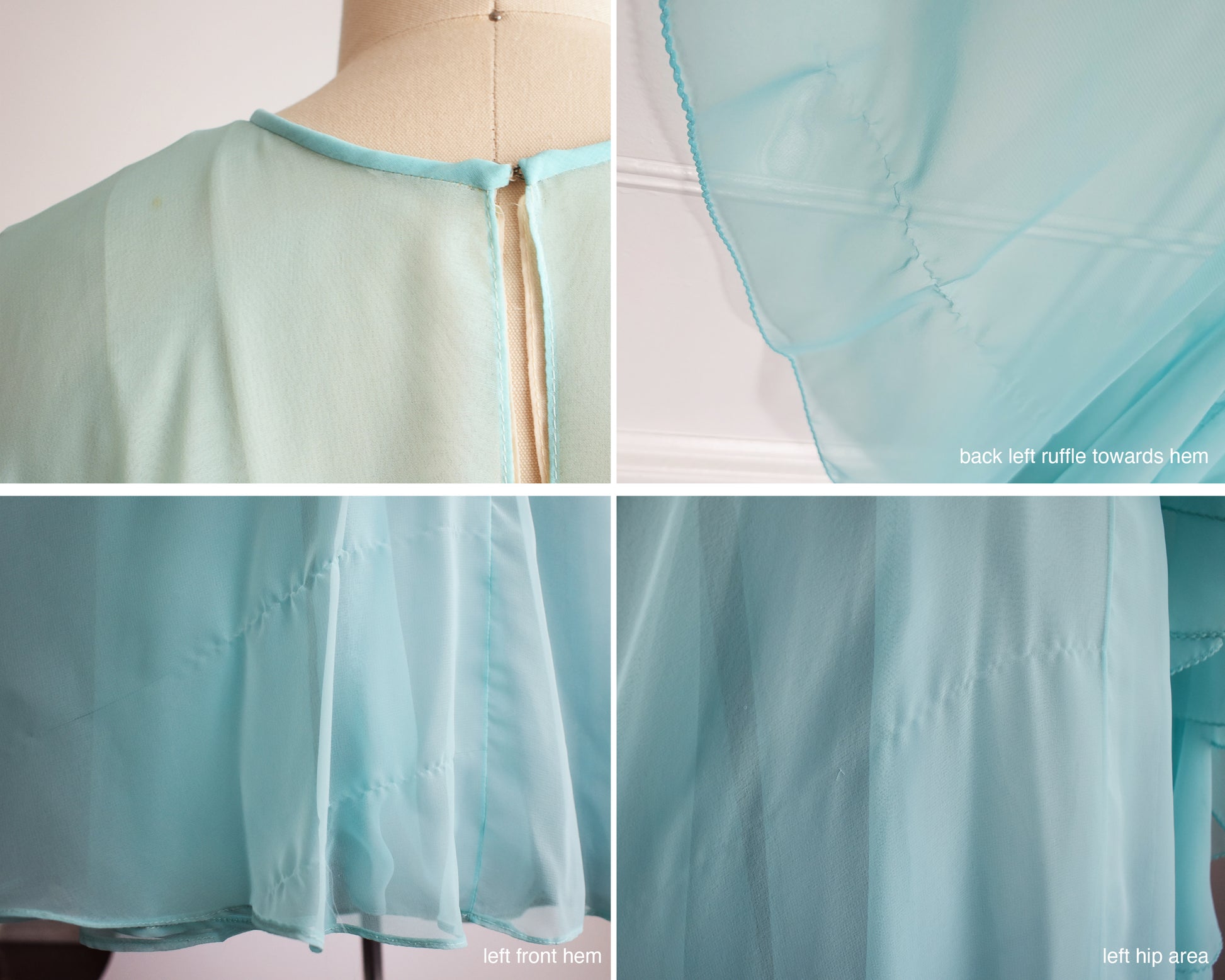 a photo collage of small flaws which include a small mark on the left shoulder, and a full pulls in the chiffon