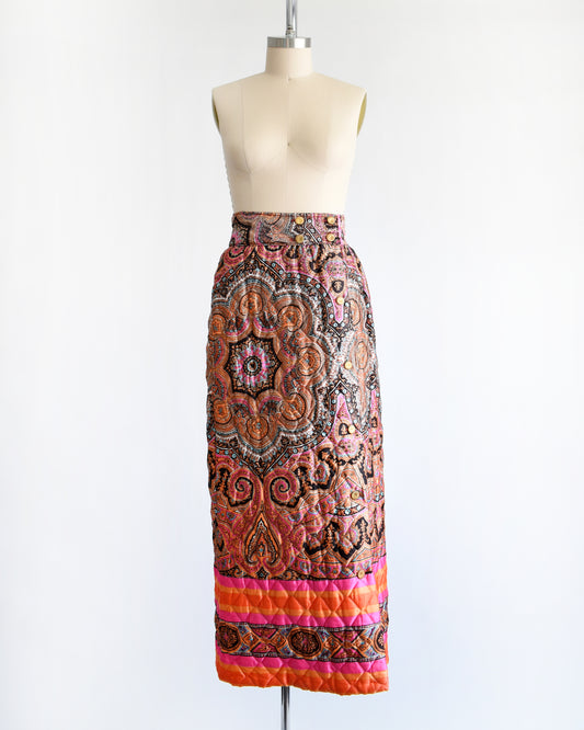 Vintage 1970s Psychedelic Quilted Paisley Maxi Skirt | small medium/medium