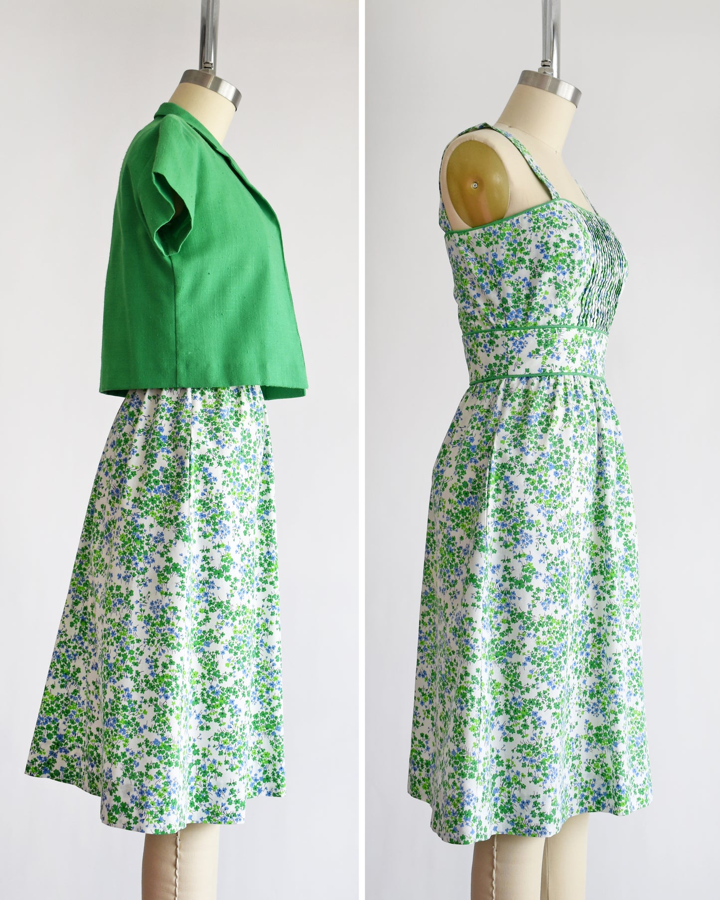 side by side side views of a vintage 1970s green floral dress with green bolero on a mannequin against a white background. the right photo shows the dress w/o the bolero