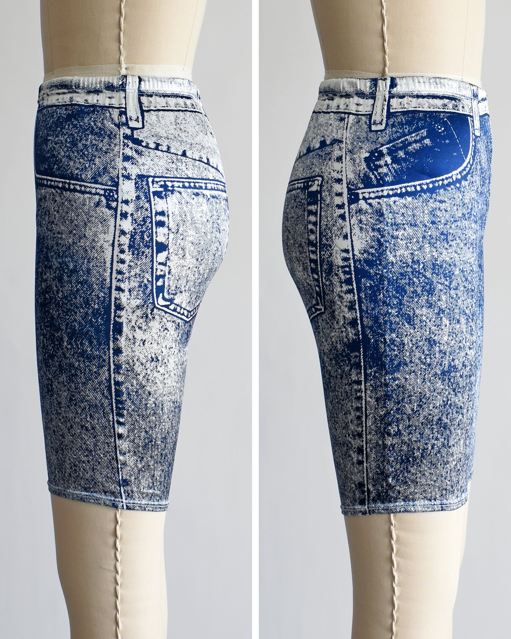 side by side views of the side of a pair of vintage 1980s/1990s faux denim spandex bike shorts on a dress form