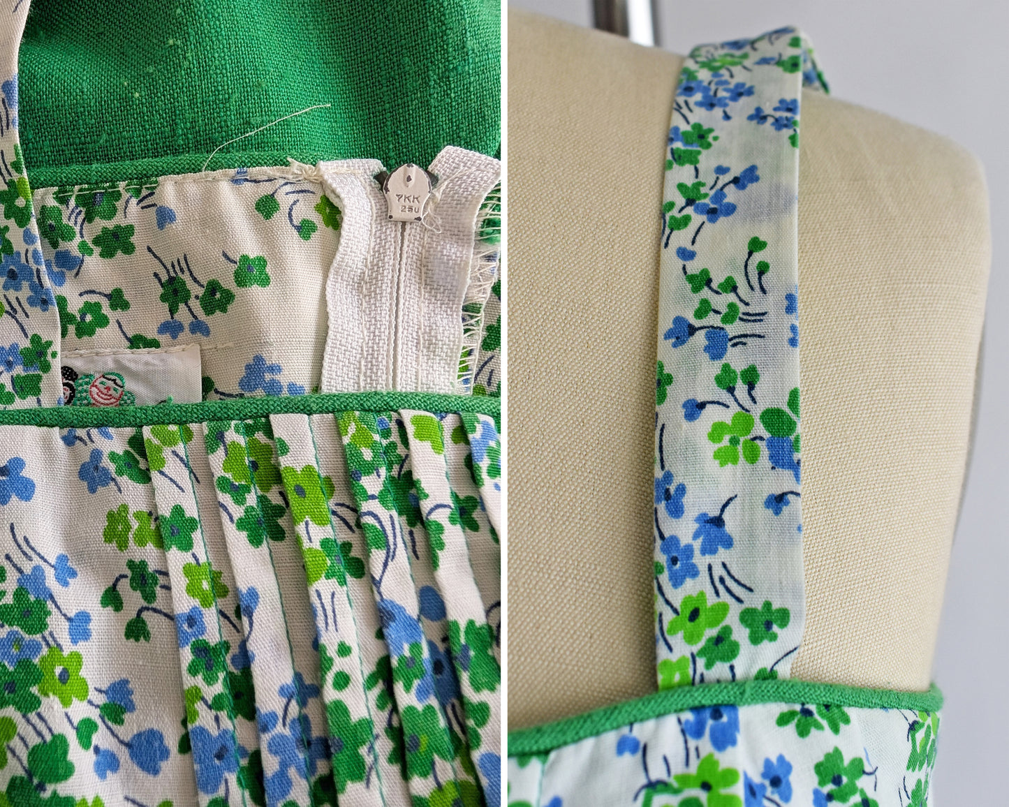 side by side views showing slight yellowing on the inside of the back and a close up of the slightly yellowed left strap
