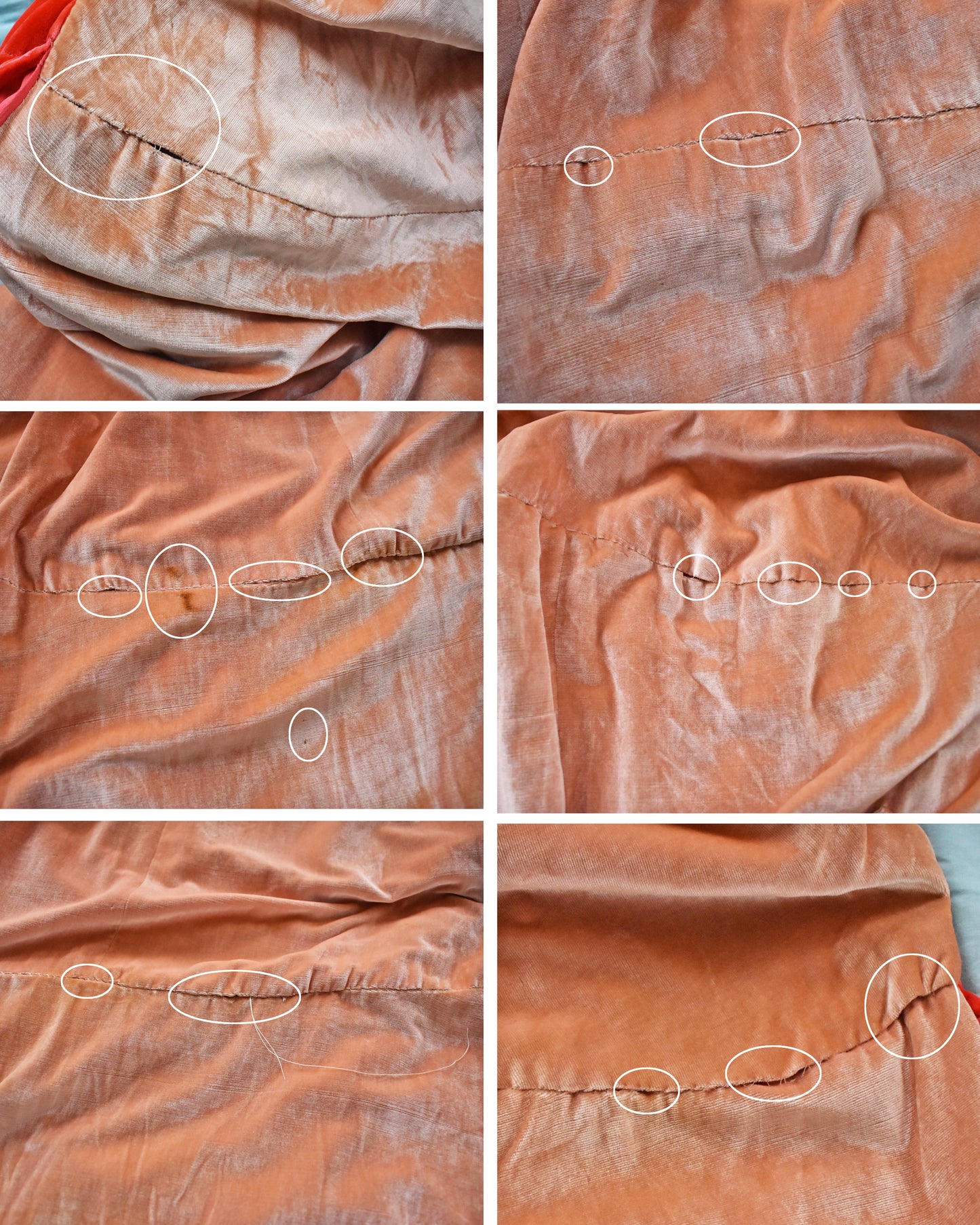A photo collage which shows the seam breakage along the inside seam and a few dark marks