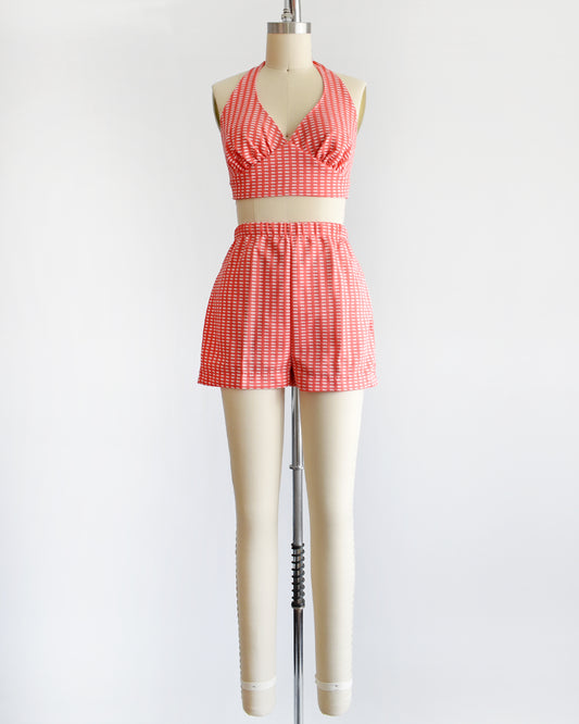 Super cute vintage 1970s coral pink two piece halter top and short set