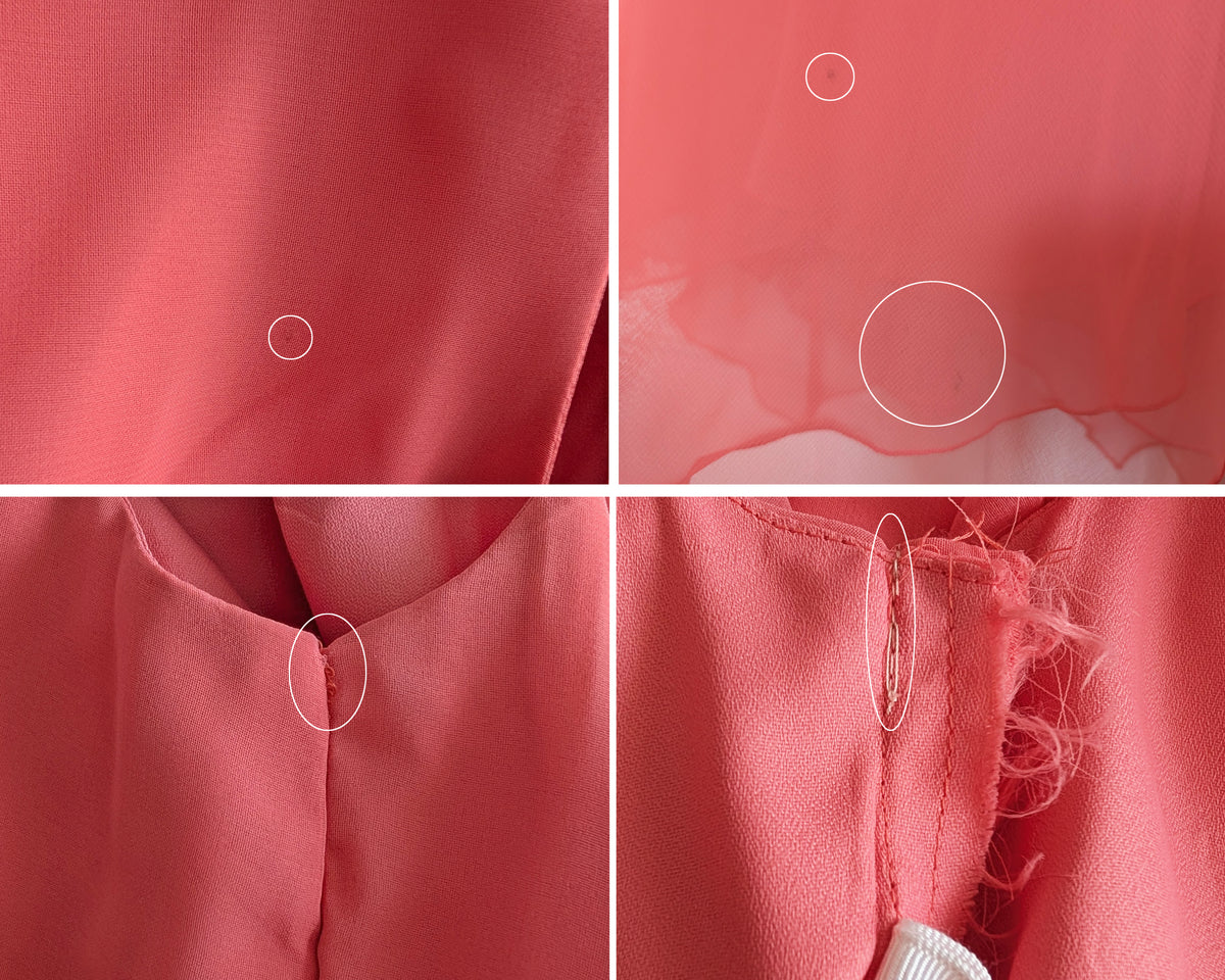 Four quadrant image of the dress showing small flaws like small dark spots and a seam repair