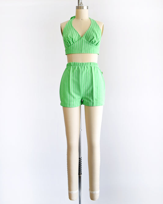 Super cute vintage 1970s green two piece halter top and short set