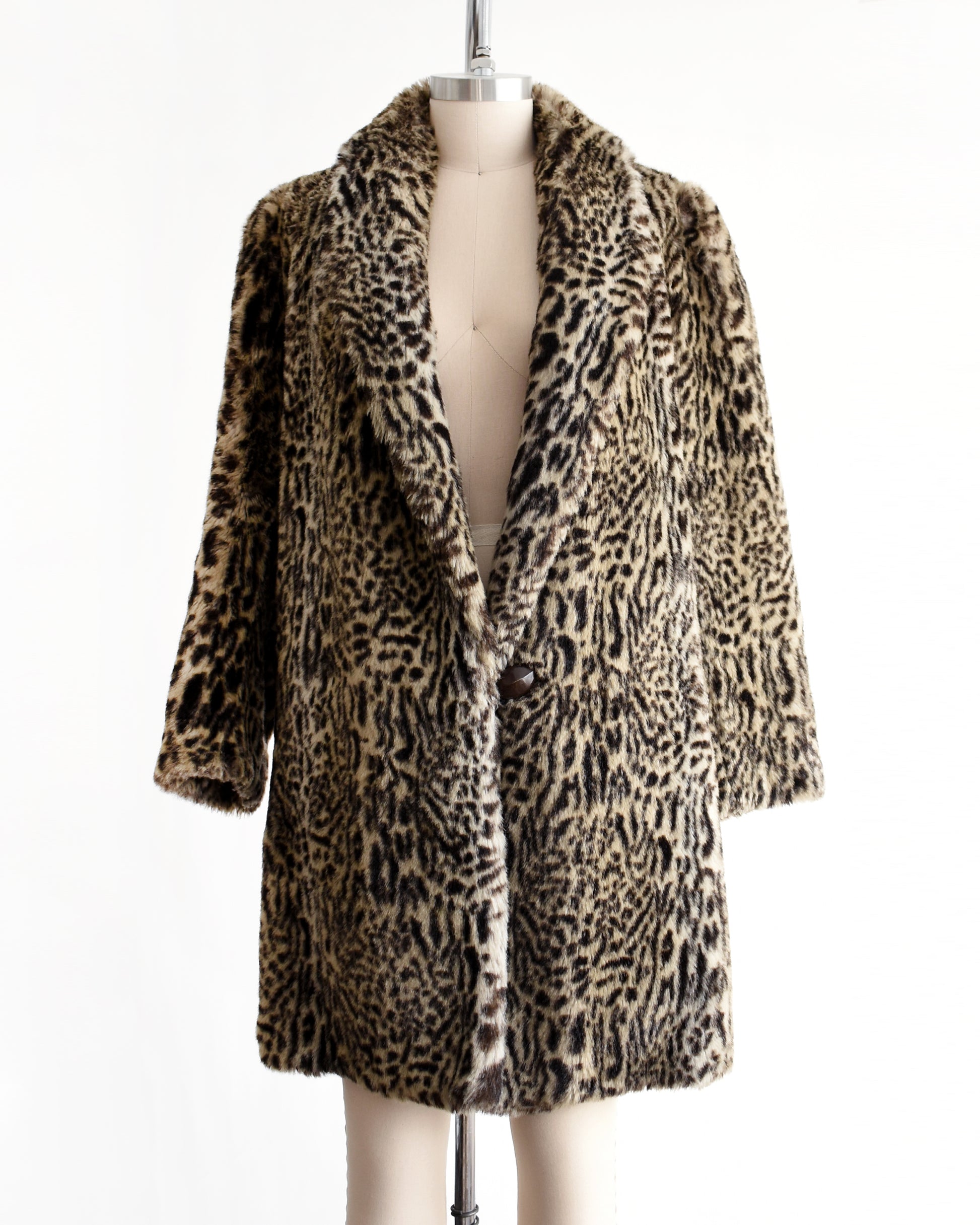 a vintage 1980s faux fur leopard print coat on a mannequin against a white background