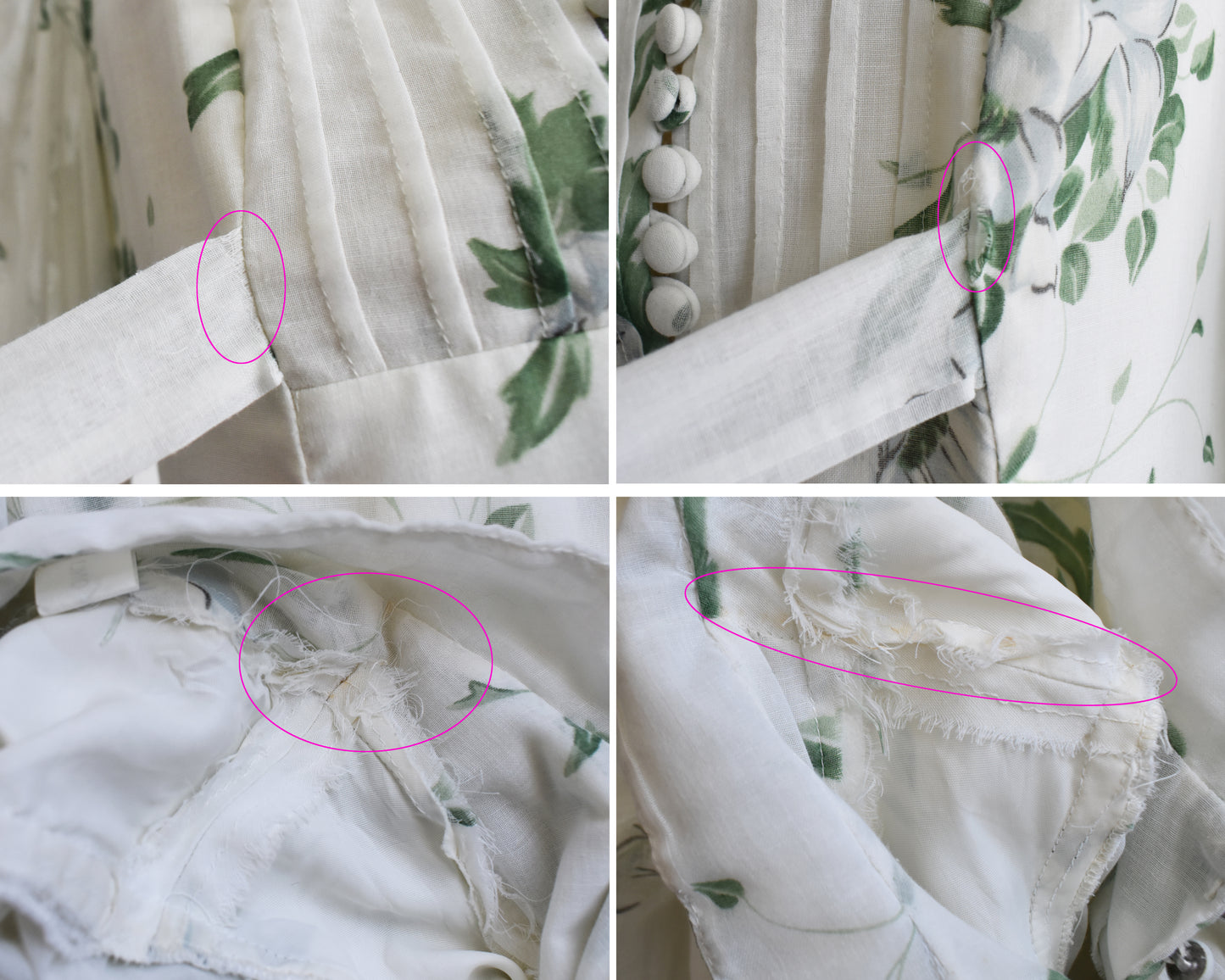 a photo collage showing small flaws which include fraying near the belt ties and some rust spots on the inside shoulders