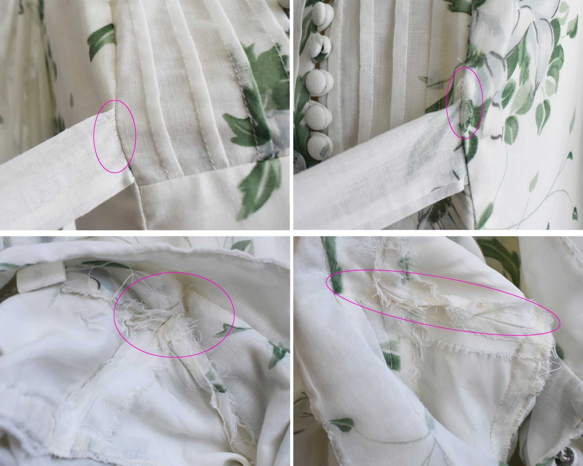 a photo collage showing small flaws which include fraying near the belt ties and some rust spots on the inside shoulders