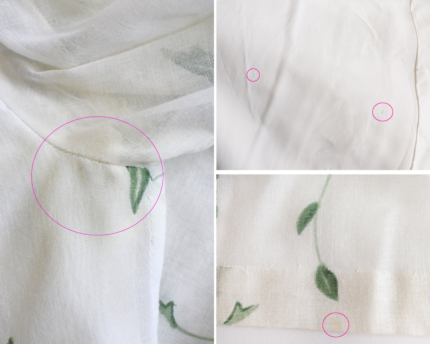 a photo collage showing small flaws such as yellowing under one of the arms, some small holes in the lining, and a small mark on the back hem.