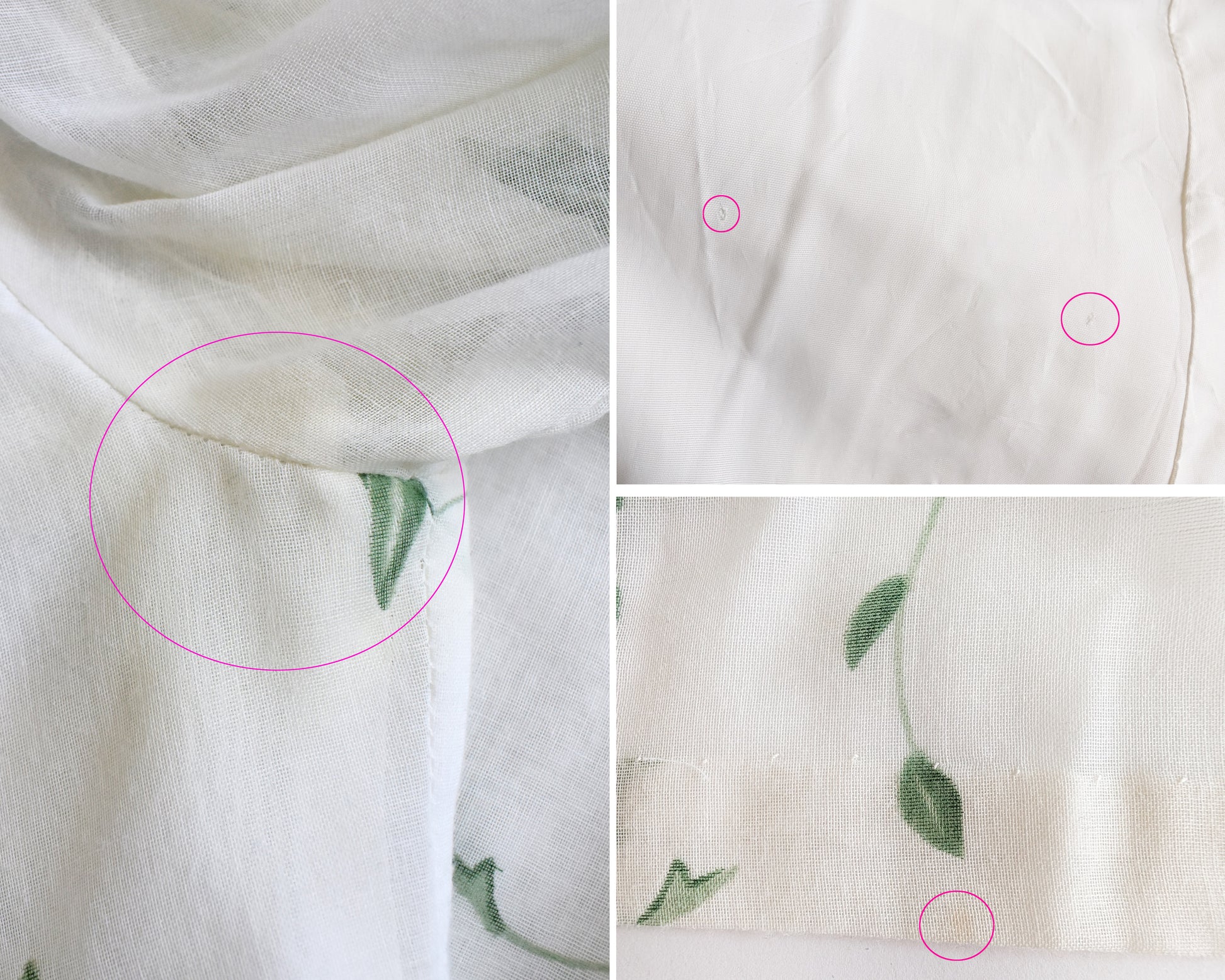 a photo collage showing small flaws such as yellowing under one of the arms, some small holes in the lining, and a small mark on the back hem.