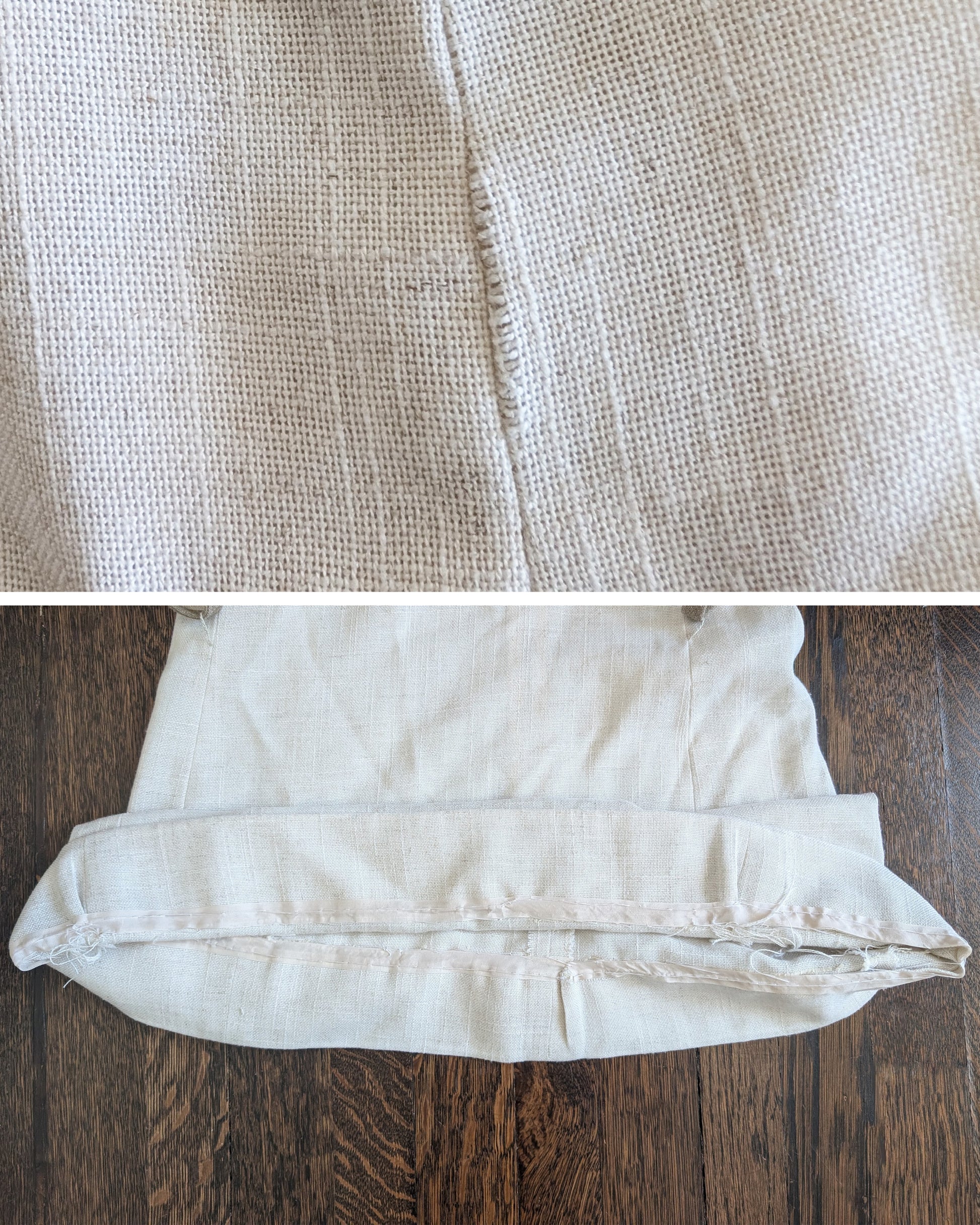 a photo collage showing small flaws which include a small run on the right seam toward the hem, and some hand sewing along the inside of the dress
